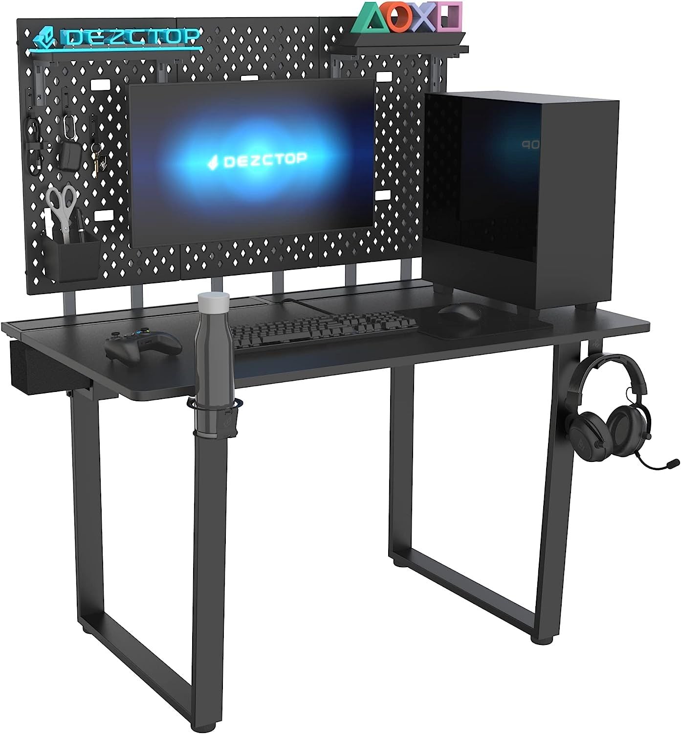 DEZCTOP Bifrost 120 47W x 28D Gaming PC Computer Desk with Shelves, Large Workstation for Gamers or Home Office with Pegboard, Built-in Cable Management, Stainless Steel Frame