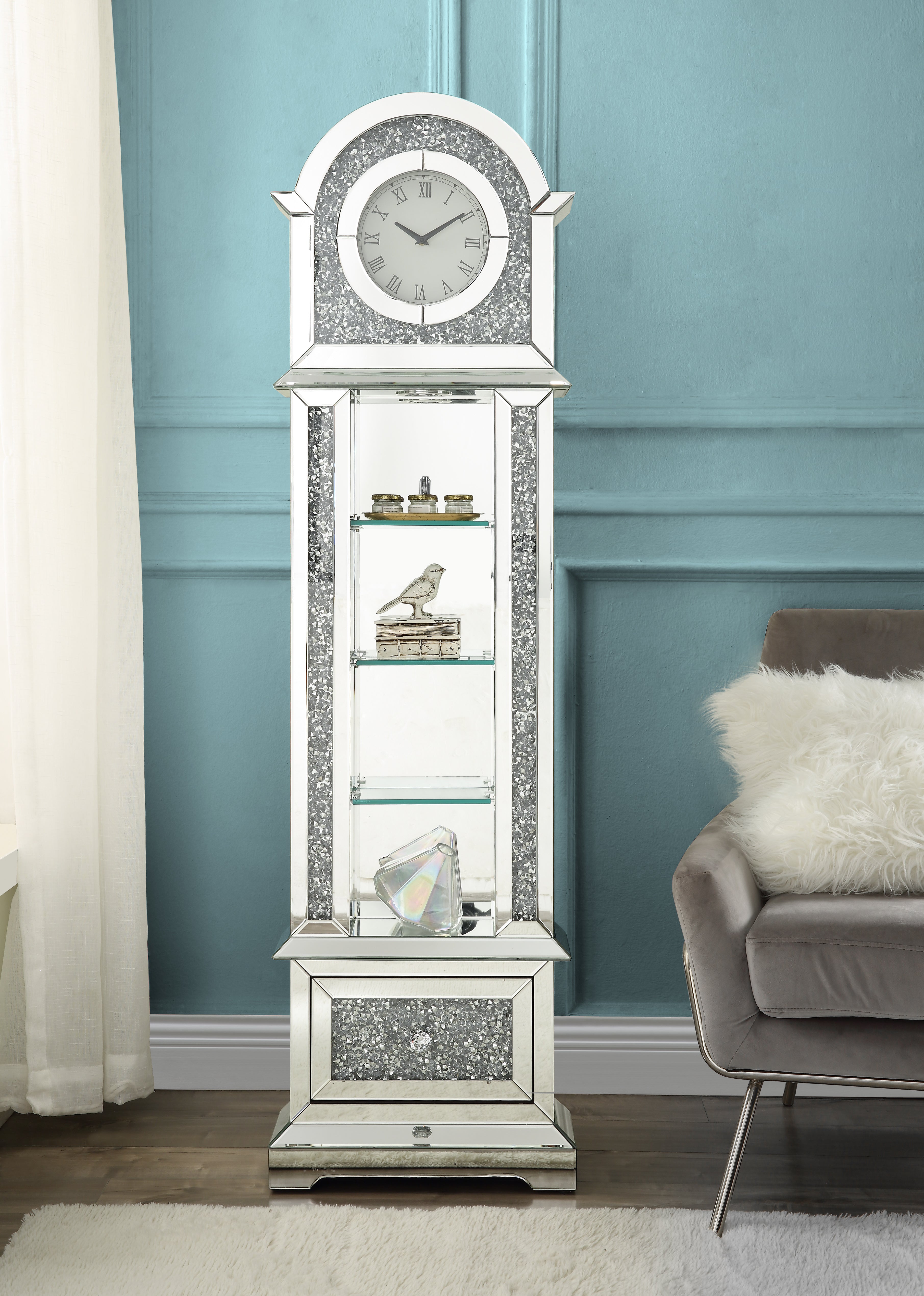 ACME Noralie GRANDFATHER CLOCK W/LED Mirrored & Faux Diamonds AC00352