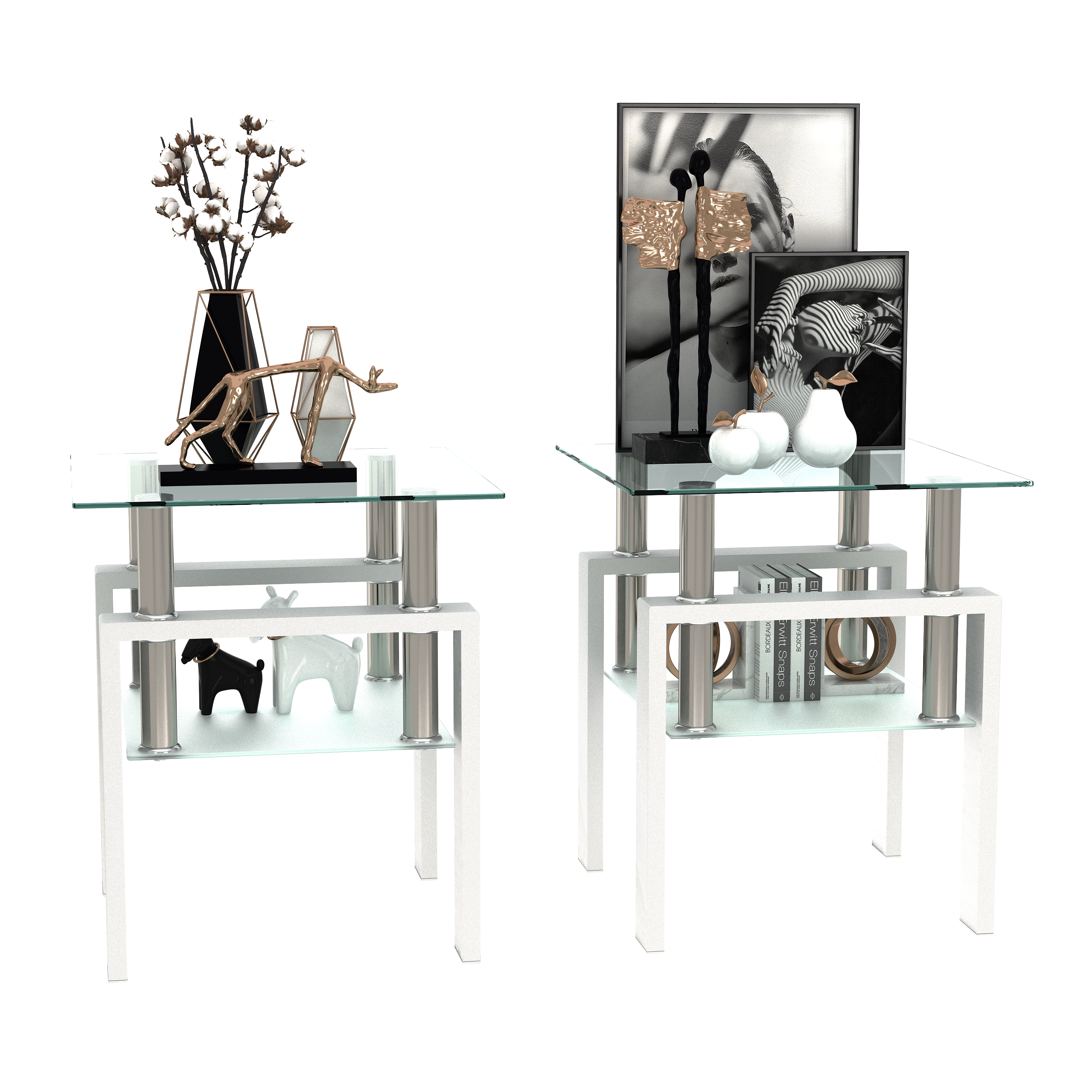 Set of 2, Modern Tempered Glass Tea Table Coffee Table End Table, Square Table for Living Room, Transparent/White