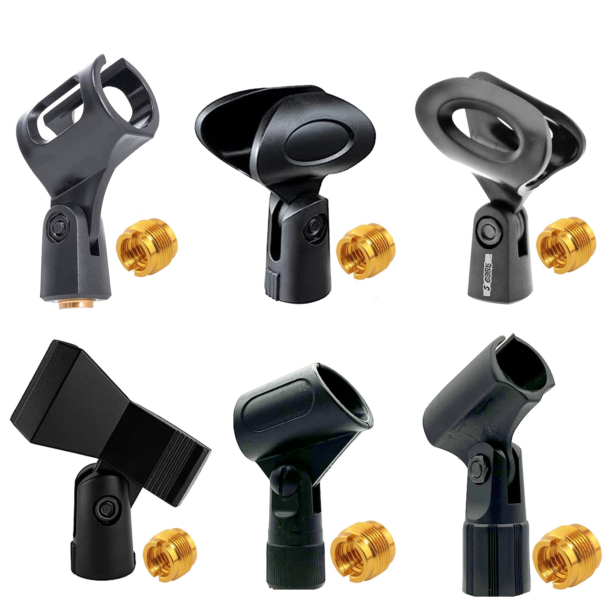 5 Core Universal Microphone Clip Holder Combo Pack with Nut Adapters 5/8" to 3/8", 6 Pack, Black- 123478 6PCS