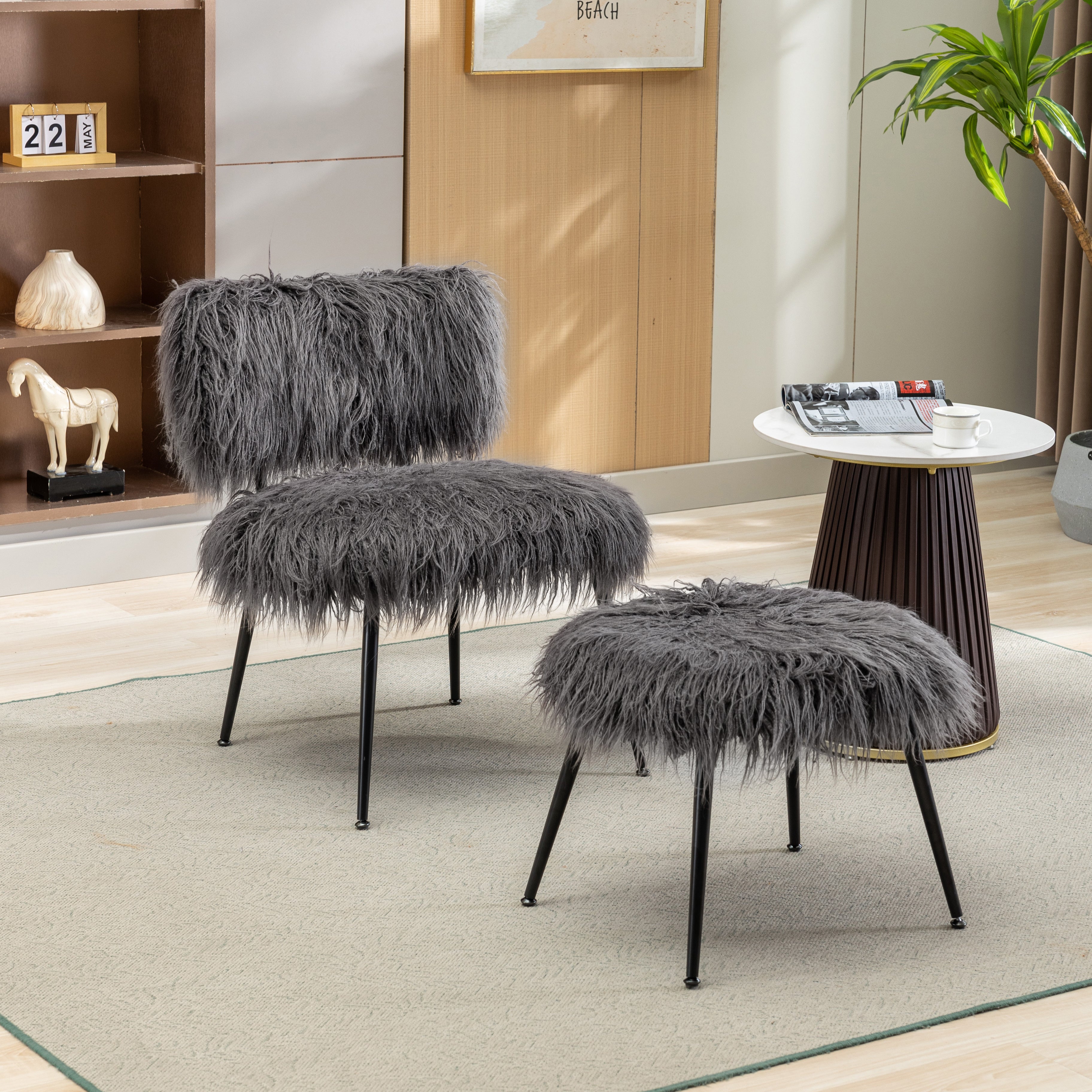 25.2'' Wide Faux Fur Plush Accent Chair With Ottoman, Living Room Chair With Footrest, Fluffy Upholstered Armless Chair And Stool, Comfy Mid Century Modern Chair for Living Room, Bedroom (Gray)