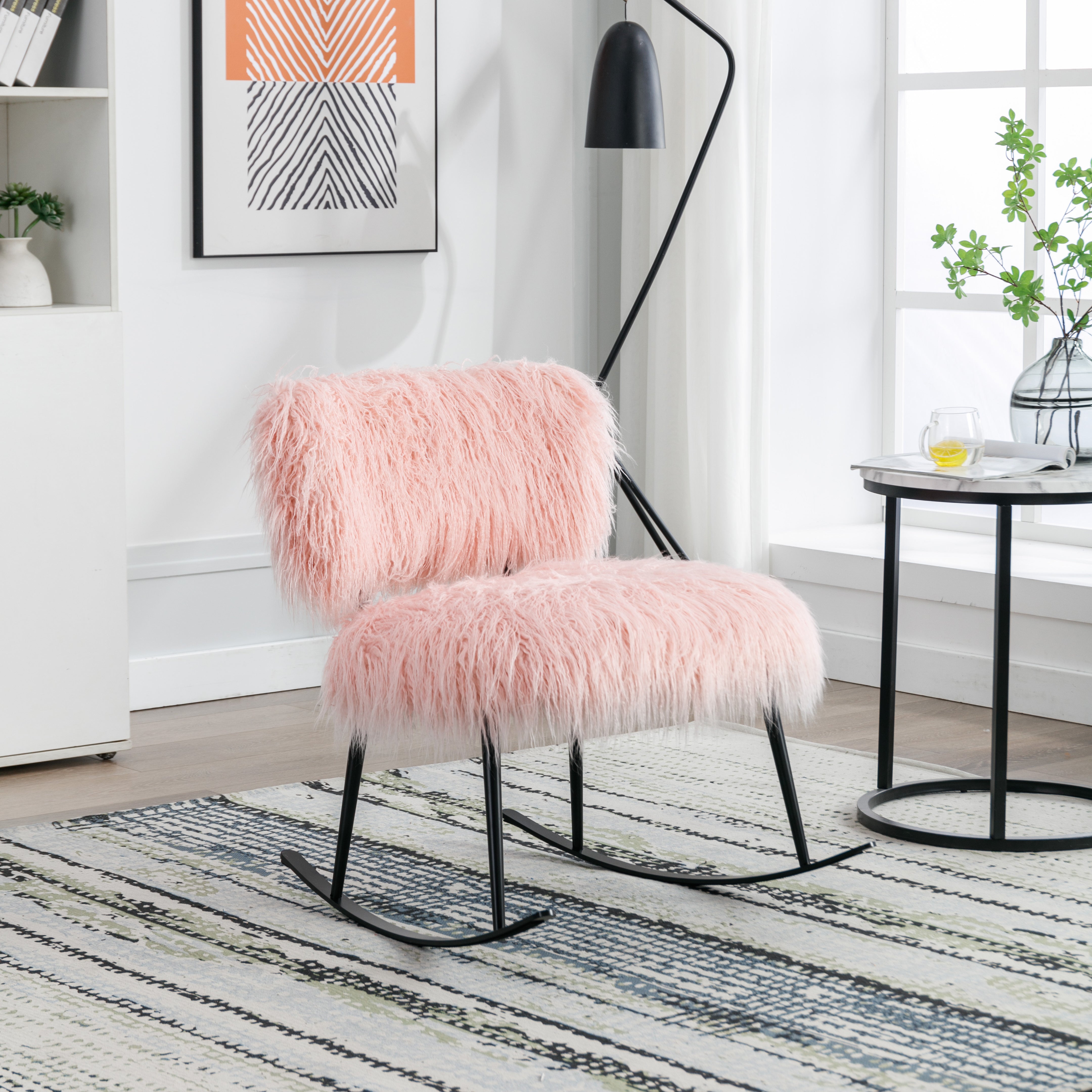 25.2'' Wide Faux Fur Plush Nursery Rocking Chair, Baby Nursing Chair with Metal Rocker, Fluffy Upholstered Glider Chair, Comfy Mid Century Modern Chair for Living Room, Bedroom (Pink)