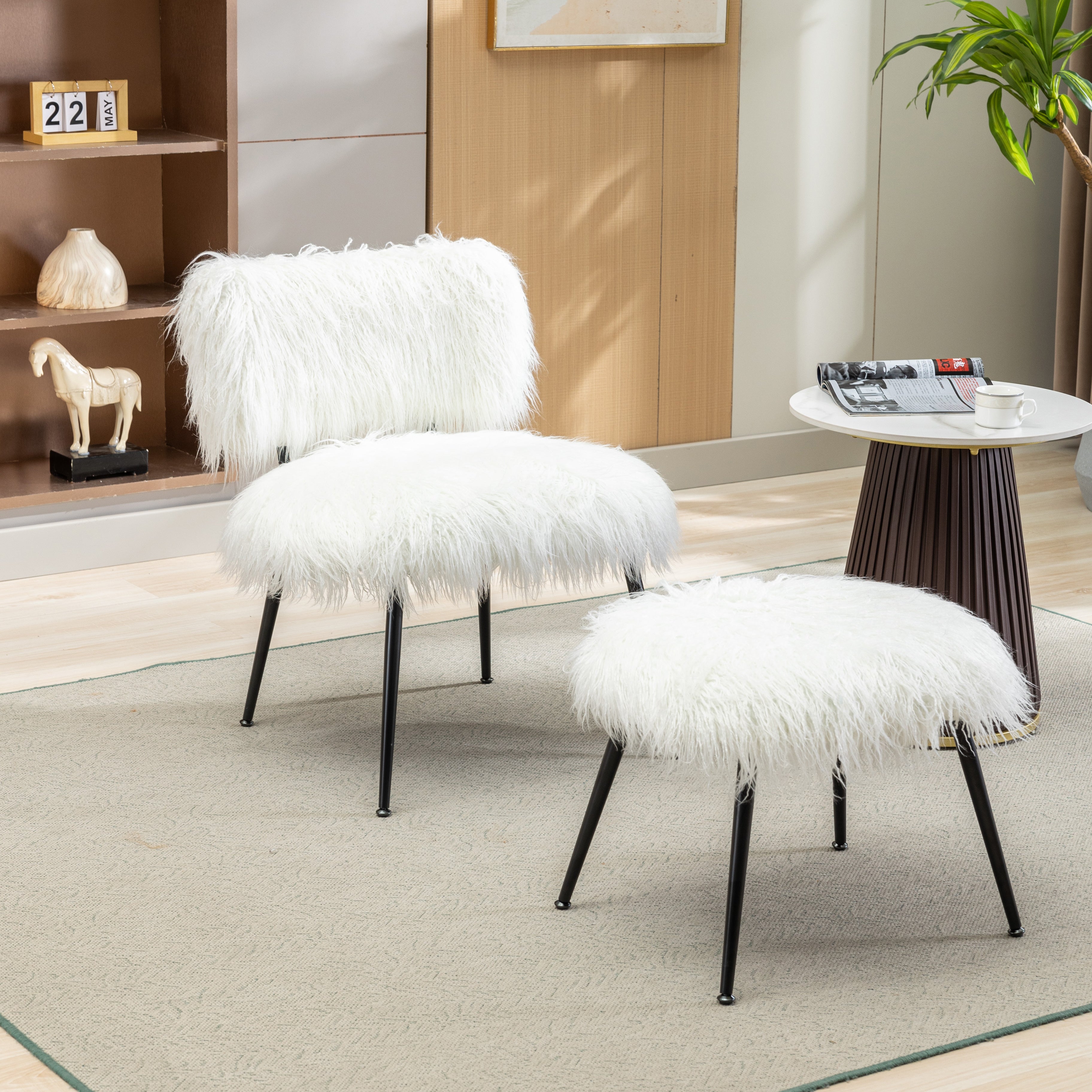 25.2'' Wide Faux Fur Plush Accent Chair With Ottoman, Living Room Chair With Footrest, Fluffy Upholstered Armless Chair And Stool, Comfy Mid Century Modern Chair for Living Room, Bedroom (Ivory)