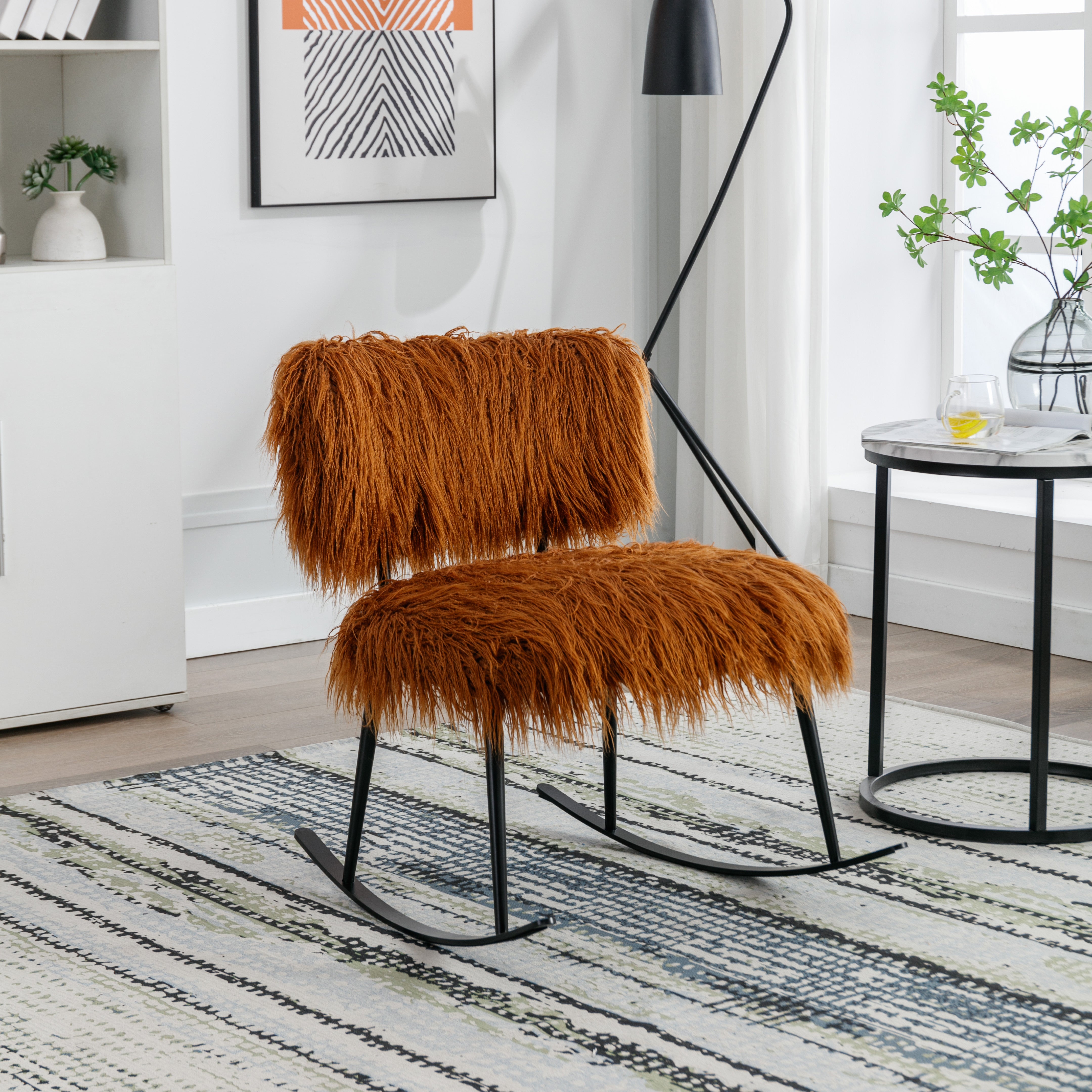 25.2'' Wide Faux Fur Plush Nursery Rocking Chair, Baby Nursing Chair with Metal Rocker, Fluffy Upholstered Glider Chair, Comfy Mid Century Modern Chair for Living Room, Bedroom (Caramel)