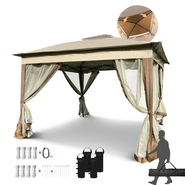 Outdoor 11 x 11 Ft 2-Tier Soft Top Pop up Gazebo Canopy with Removable Zipper Netting and 4 Sandbags,Coffee