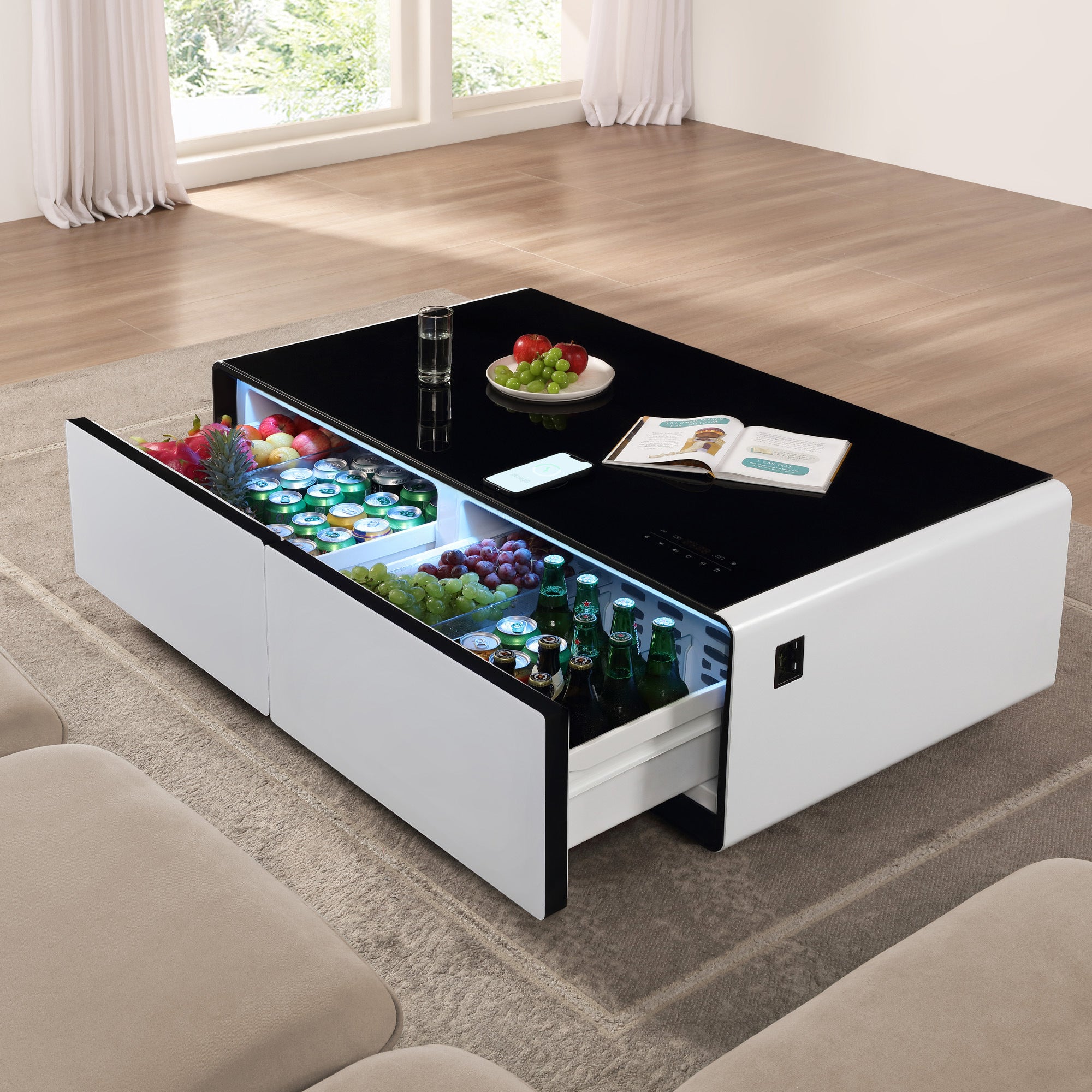 Modern Smart Coffee Table with Built-in Fridge, Bluetooth Speaker, Wireless Charging, Touch Control Panel, Power Socket, USB Interface, Outlet Protect