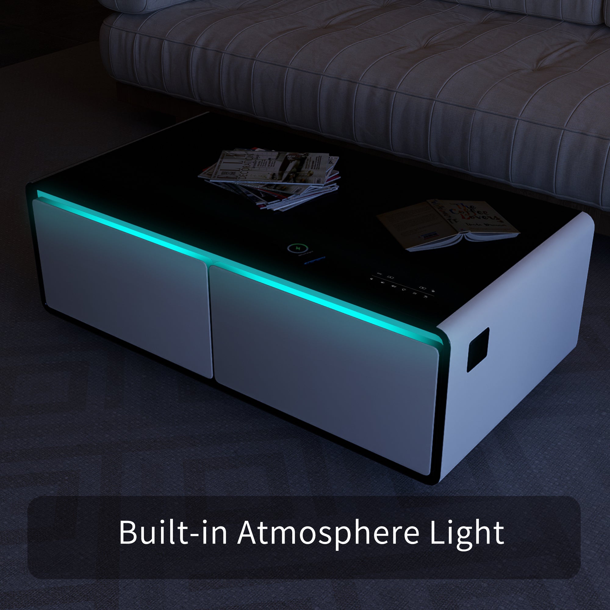 Modern Smart Coffee Table with Built-in Fridge, Bluetooth Speaker, Wireless Charging, Touch Control Panel, Power Socket, USB Interface, Outlet Protect