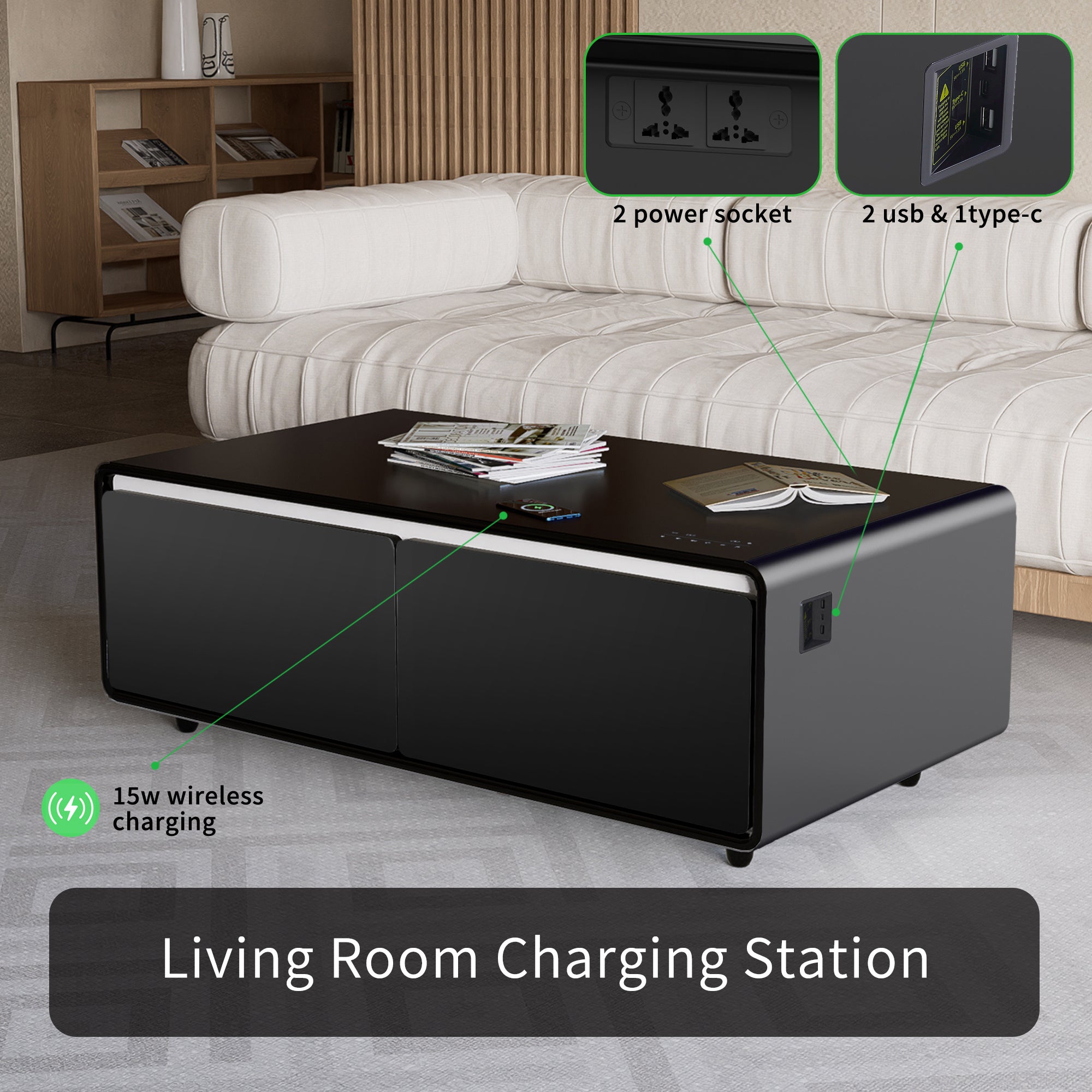 Modern Smart Coffee Table with Built-in Fridge, Bluetooth Speaker, Wireless Charging, Touch Control Panel, Power Socket, USB Interface, Outlet Protect