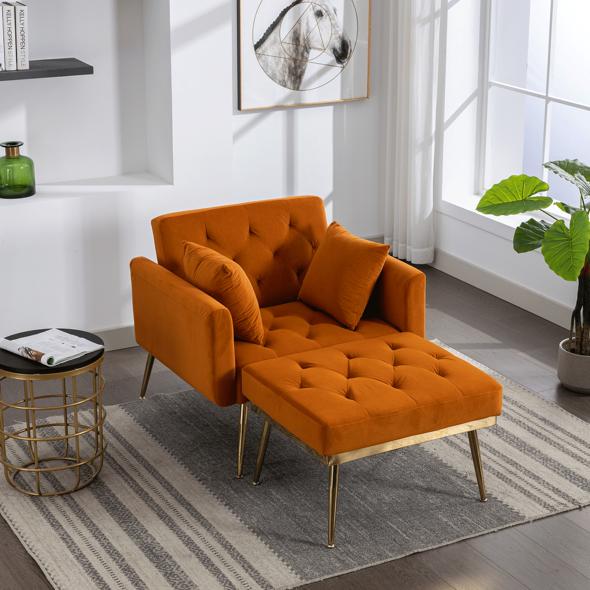 36.61'' Wide Modern Accent Chair With 3 Positions Adjustable Backrest, Tufted Chaise Lounge Chair, Single Recliner Armchair With Ottoman And Gold Legs For Living Room, Bedroom (Orange)