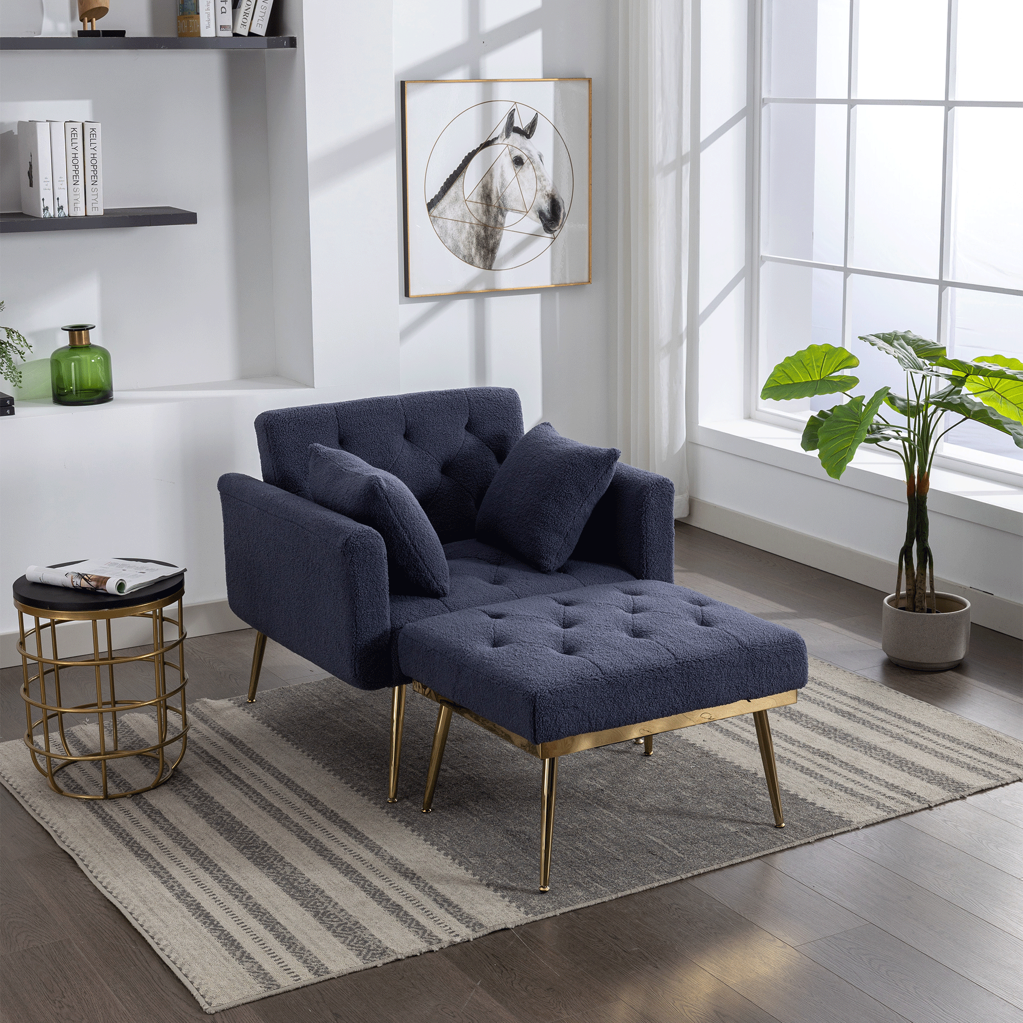 36.61'' Wide Modern Accent Chair With 3 Positions Adjustable Backrest, Tufted Chaise Lounge Chair, Single Recliner Armchair With Ottoman And Gold Legs For Living Room, Bedroom (Navy)