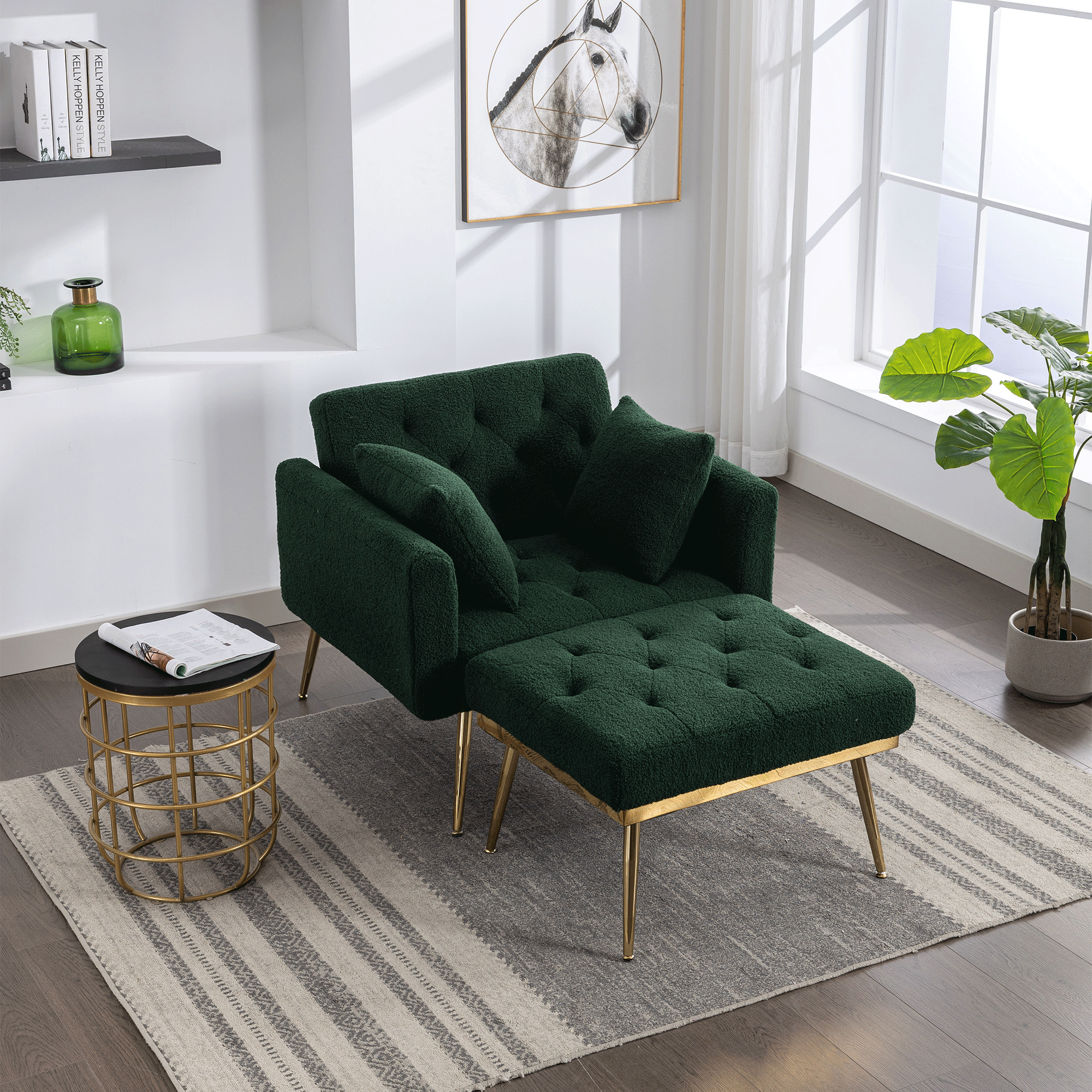 36.61'' Wide Modern Accent Chair With 3 Positions Adjustable Backrest, Tufted Chaise Lounge Chair, Single Recliner Armchair With Ottoman And Gold Legs For Living Room, Bedroom (Green)