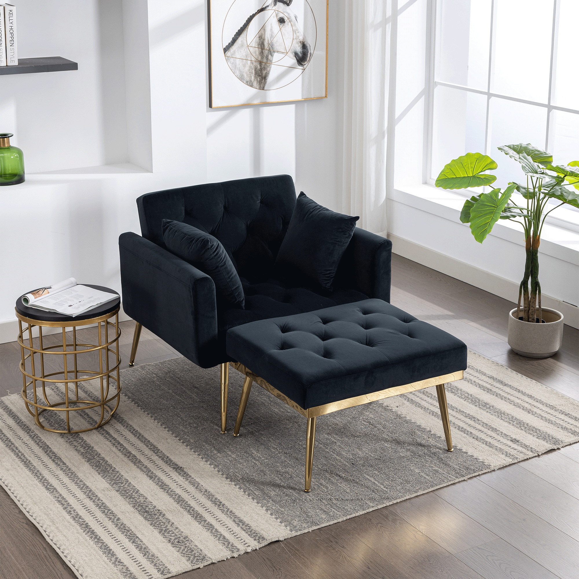 36.61'' Wide Modern Accent Chair With 3 Positions Adjustable Backrest, Tufted Chaise Lounge Chair, Single Recliner Armchair With Ottoman And Gold Legs For Living Room, Bedroom (Black)