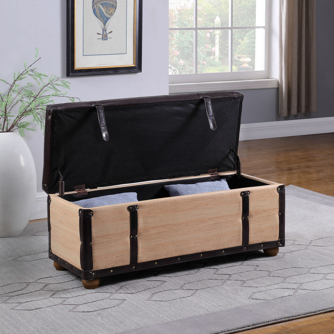 37-Inch Brown / Natural Bonded Leather Wade Suitcase Storage Bench