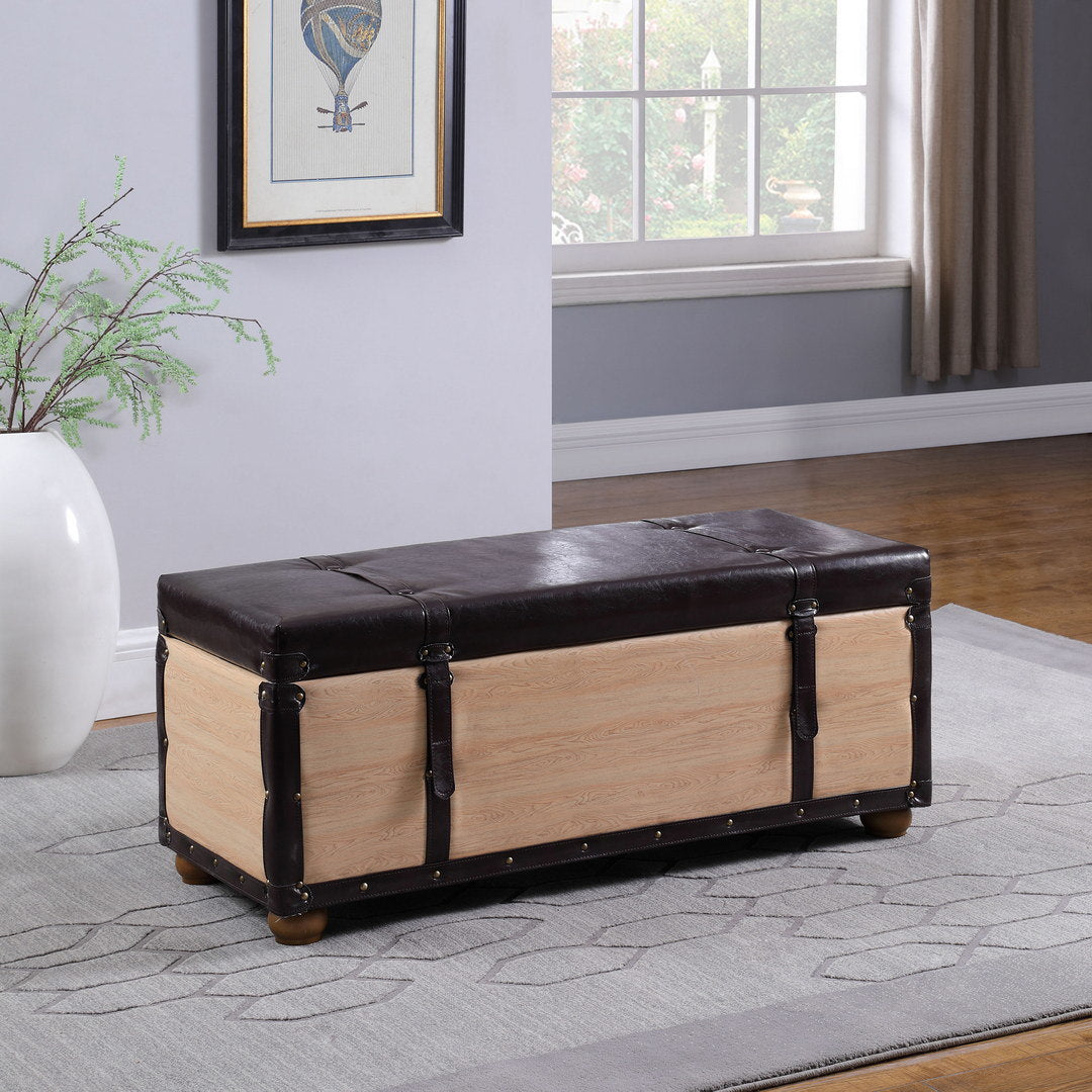 37-Inch Brown / Natural Bonded Leather Wade Suitcase Storage Bench