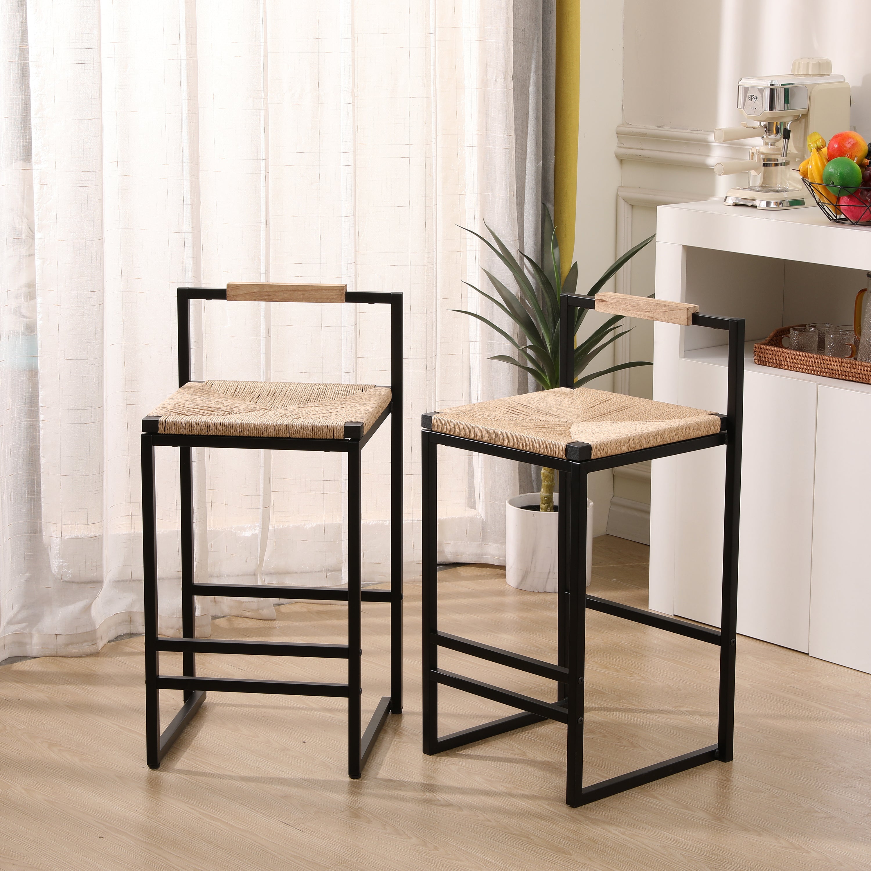 Set of 2 Bar Stools with Back Paper Rope Woven Counter Height Dining Chairs for Kitchen, Home (Paper Rope with Back)