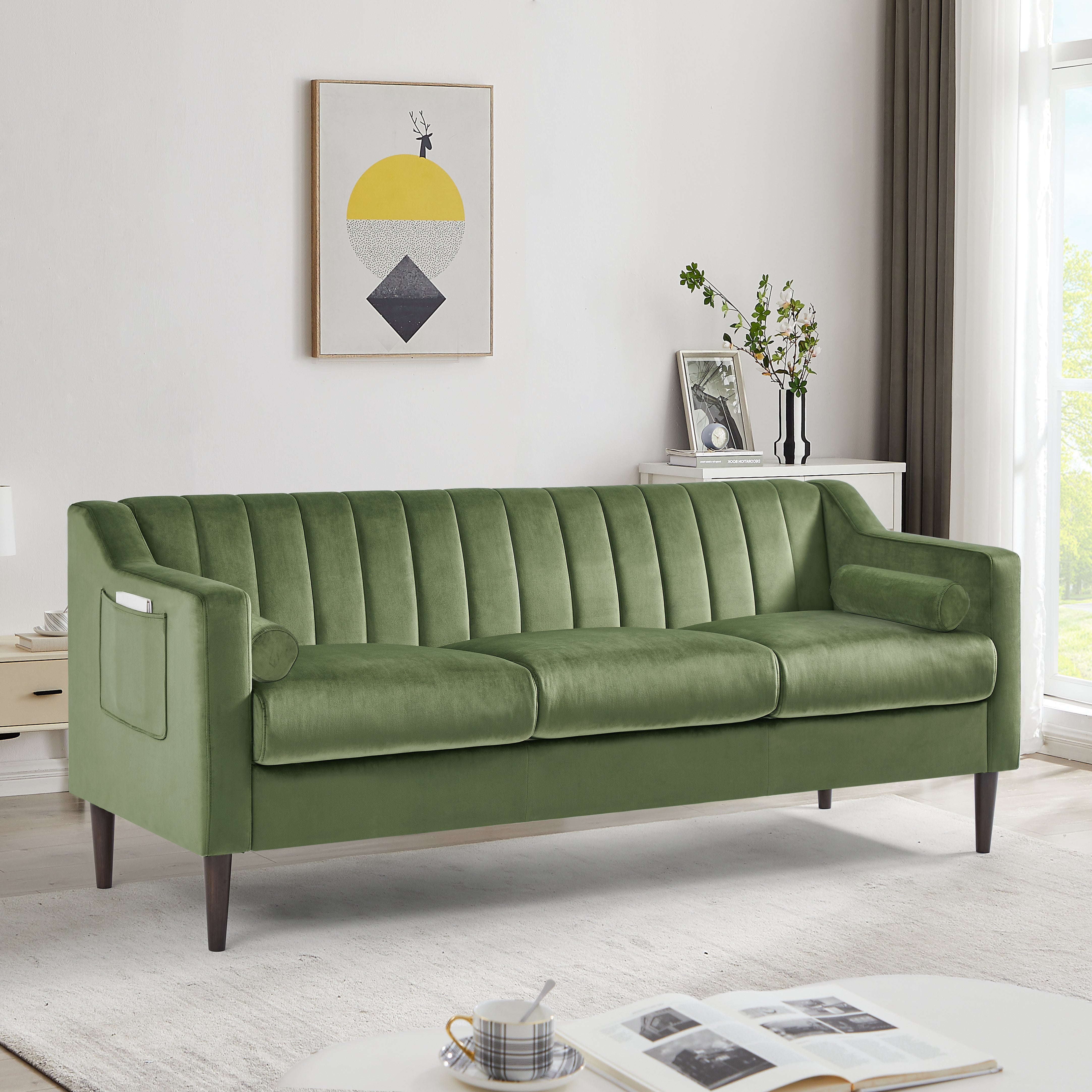 Mid Century Modern Chesterfield sofa couch, Comfortable Upholstered sofa with Velvet Fabric and Wooden Frame and Wood Legs for Living Room/Bed Room/Office Green --3 Seats