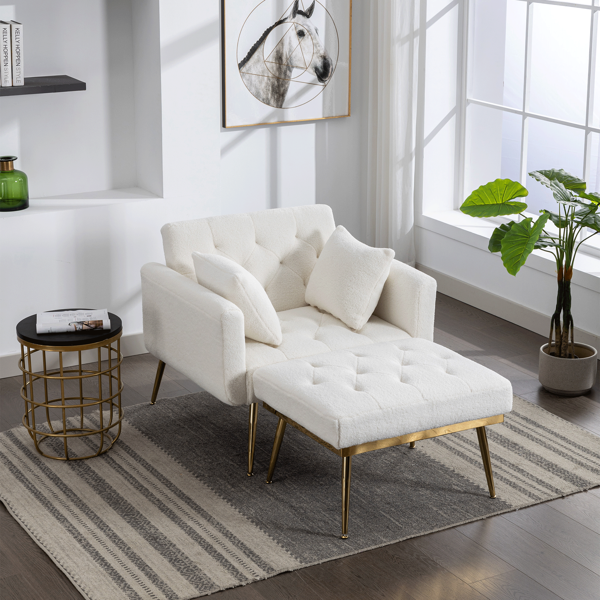 36.61'' Wide Modern Accent Chair With 3 Positions Adjustable Backrest, Tufted Chaise Lounge Chair, Single Recliner Armchair With Ottoman And Gold Legs For Living Room, Bedroom (Ivory)