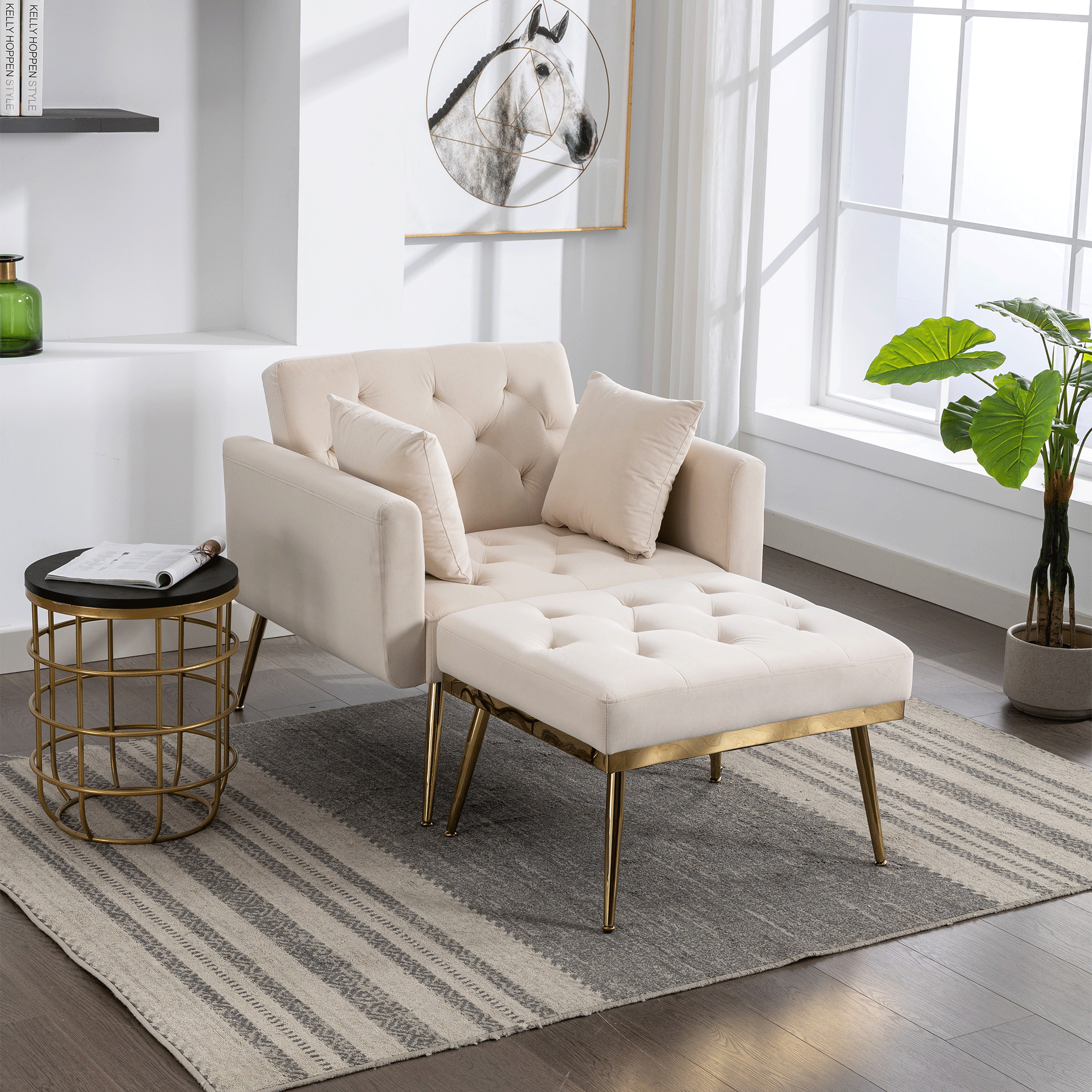 36.61'' Wide Modern Accent Chair With 3 Positions Adjustable Backrest, Tufted Chaise Lounge Chair, Single Recliner Armchair With Ottoman And Gold Legs For Living Room, Bedroom (Beige)