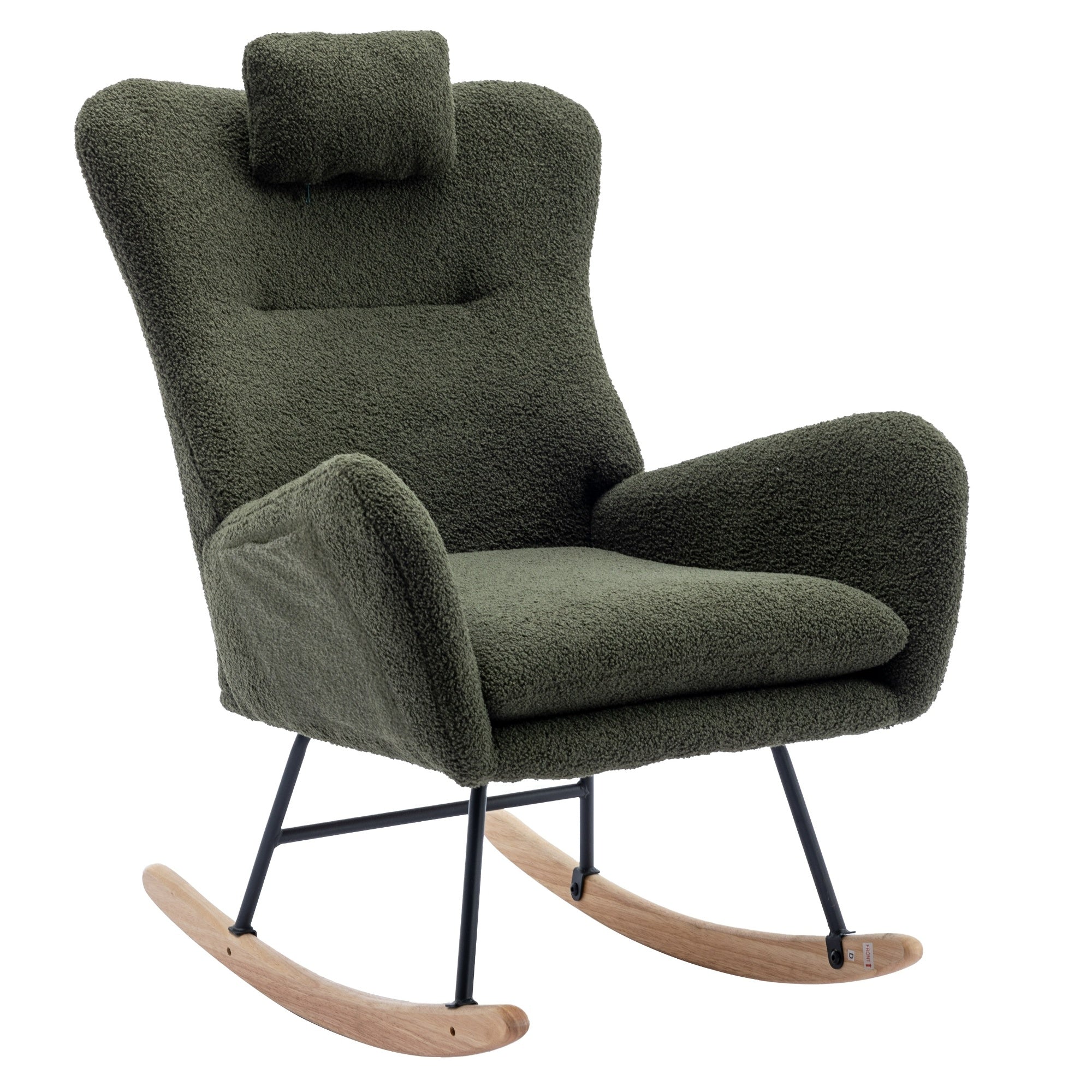 35.5 inch Rocking Chair with Pocket, Soft Teddy Fabric Rocking Chair for Nursery, Comfy Wingback Glider Rocker with Safe Solid Wood Base for Living Room Bedroom Balcony (dark green)