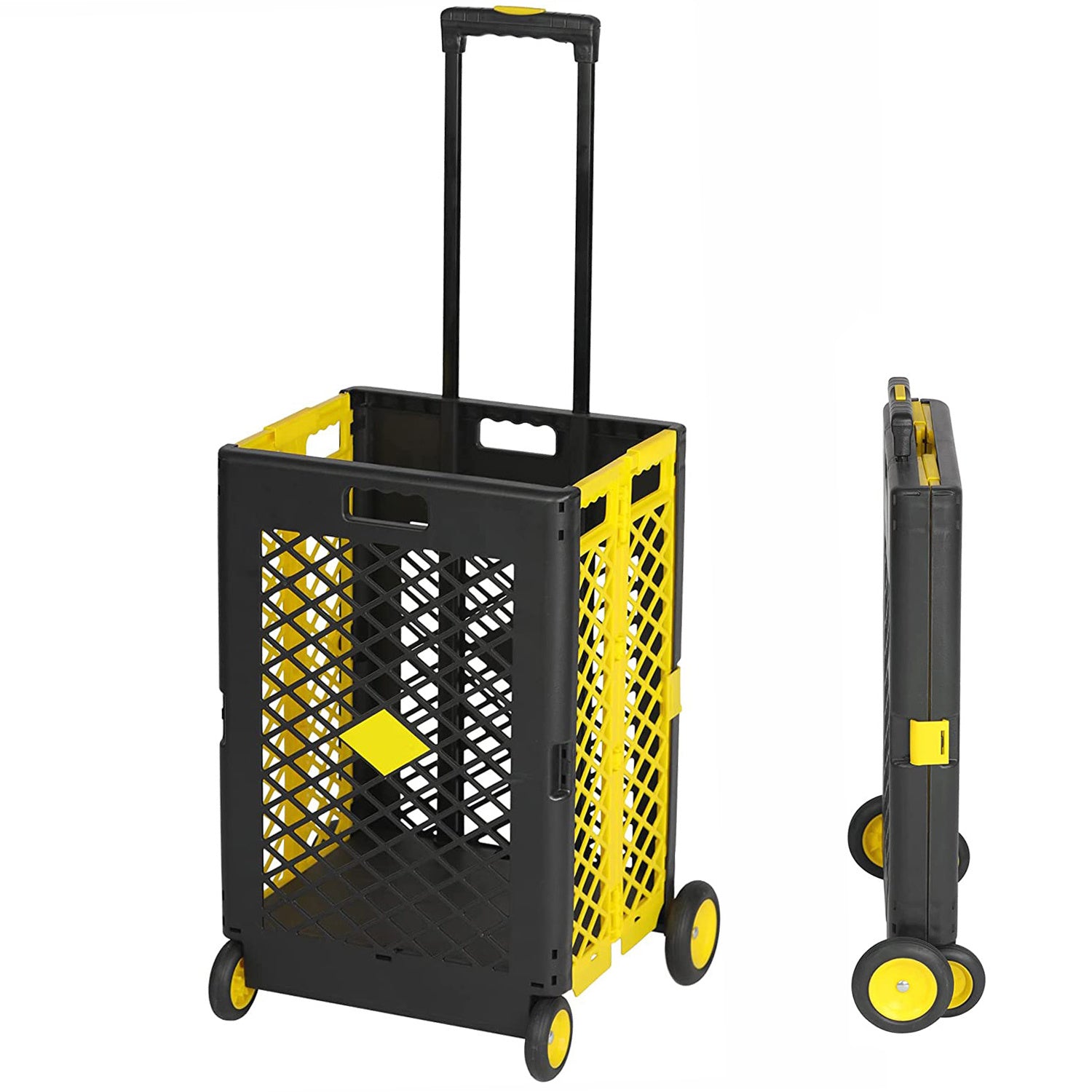 55L Foldable Rolling Cart with Wheels, Portable Updated Utility Tools with Lid Rolling Crate w/ Telescopic Handle, Yellow/Gray