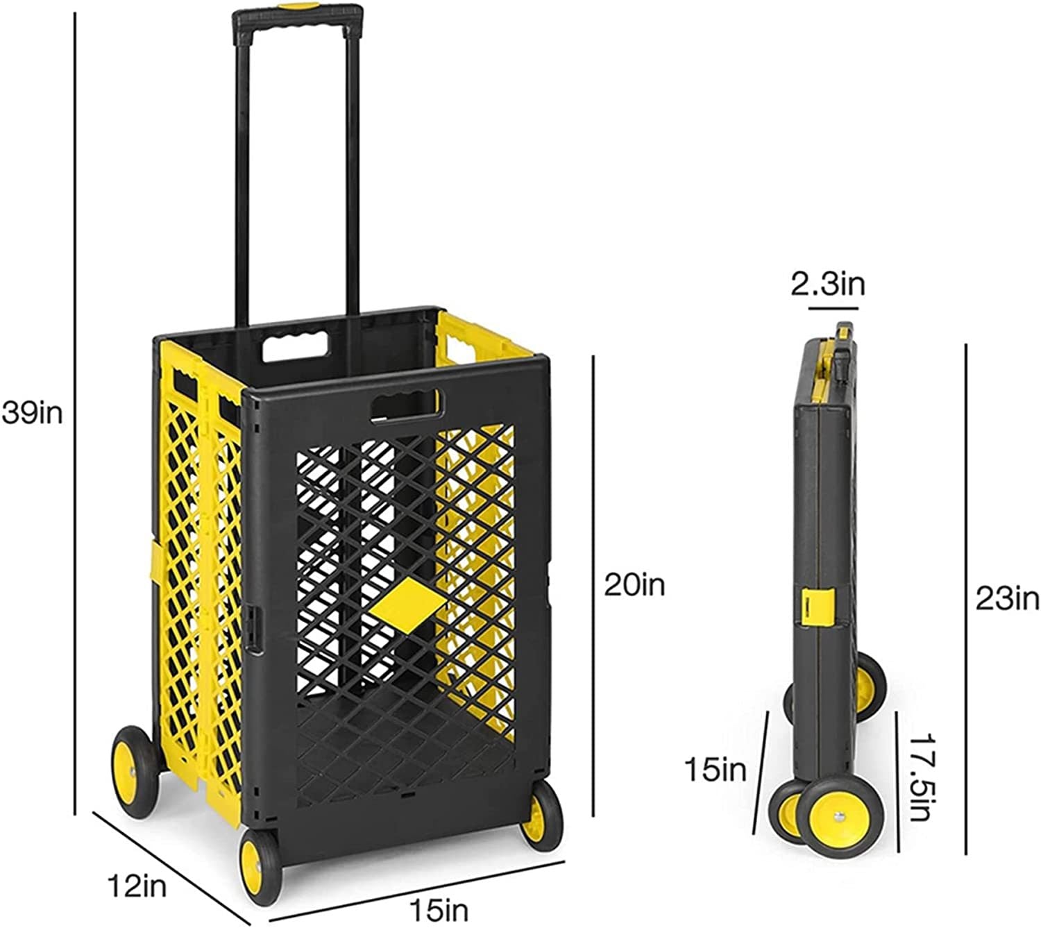 55L Foldable Rolling Cart with Wheels, Portable Updated Utility Tools with Lid Rolling Crate w/ Telescopic Handle, Yellow/Gray