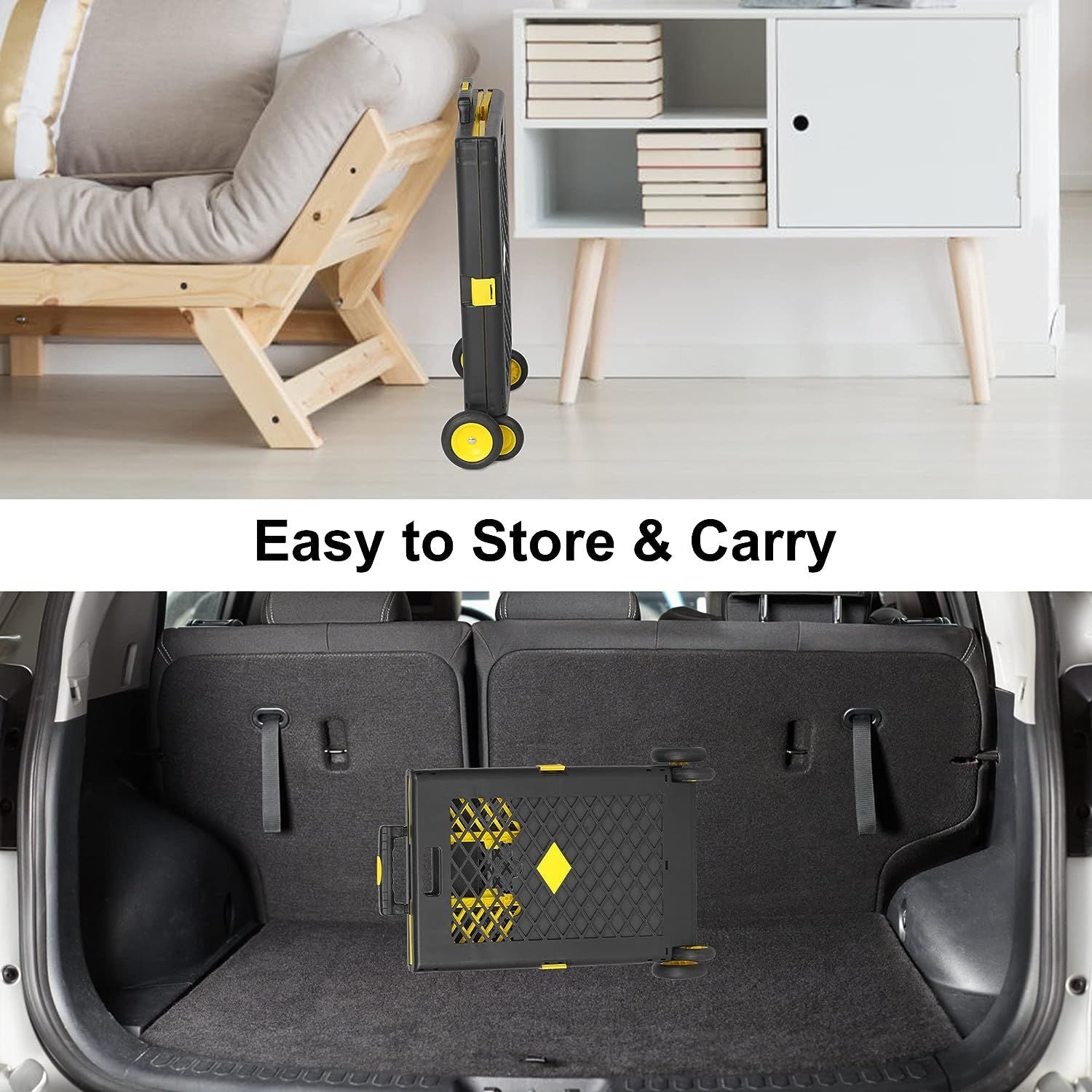 55L Foldable Rolling Cart with Wheels, Portable Updated Utility Tools with Lid Rolling Crate w/ Telescopic Handle, Yellow/Gray