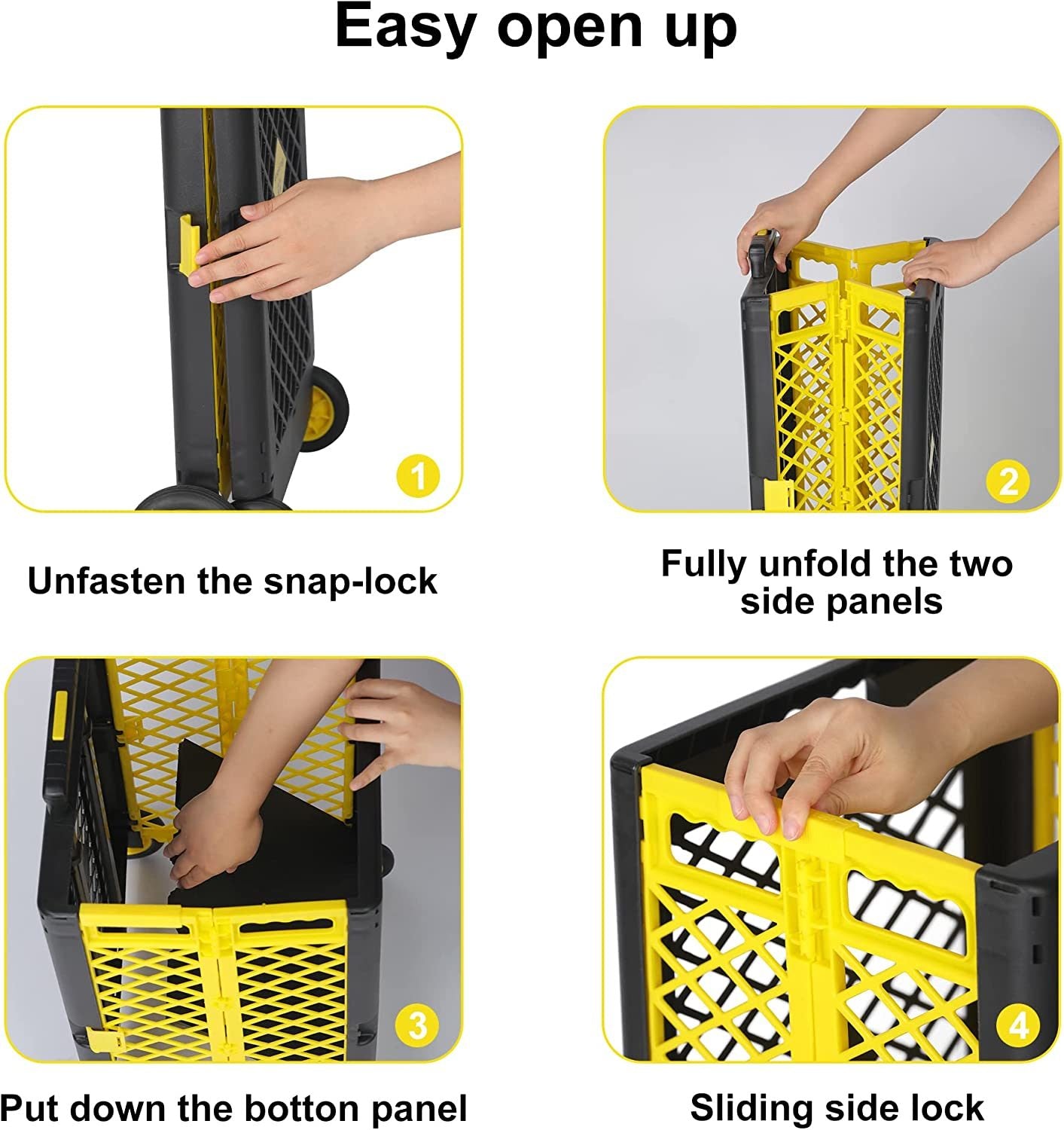 55L Foldable Rolling Cart with Wheels, Portable Updated Utility Tools with Lid Rolling Crate w/ Telescopic Handle, Yellow/Gray