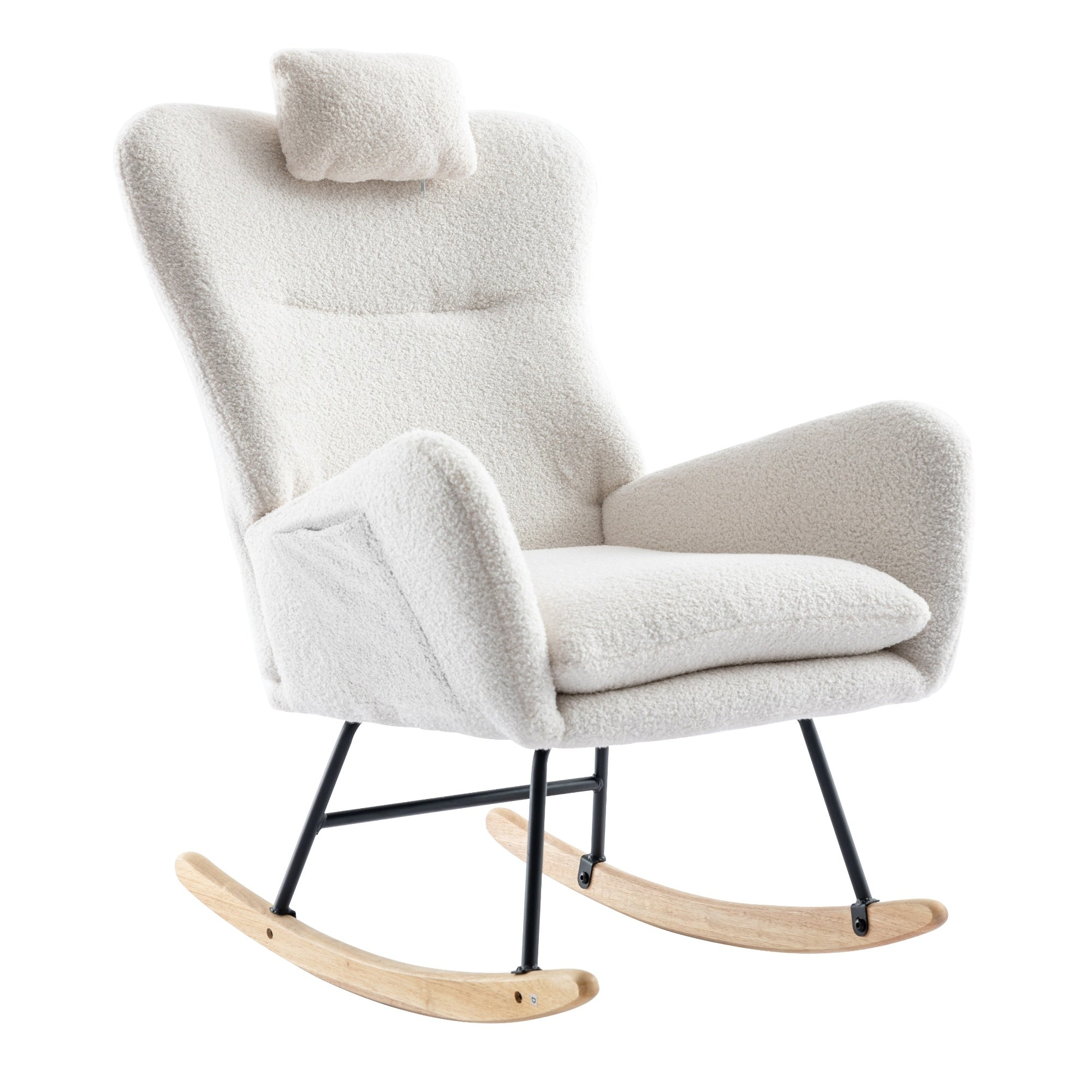 35.5 inch Rocking Chair with Pocket, Soft Teddy Fabric Rocking Chair for Nursery, Comfy Wingback Glider Rocker with Safe Solid Wood Base for Living Room Bedroom Balcony (white)