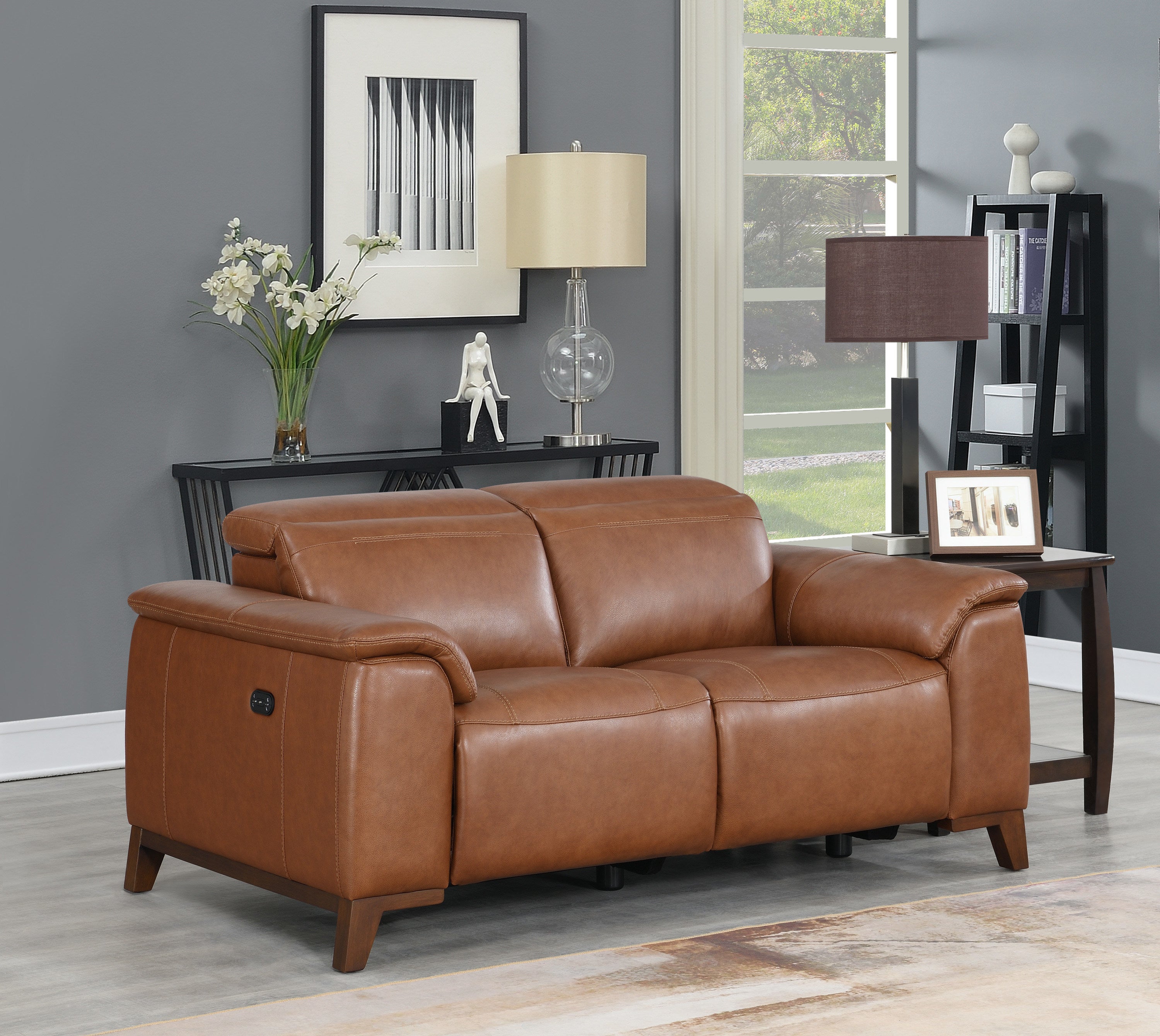 High-Leg Dual-Power Reclining Loveseat - Coach Colored Leather, Padded Armrests