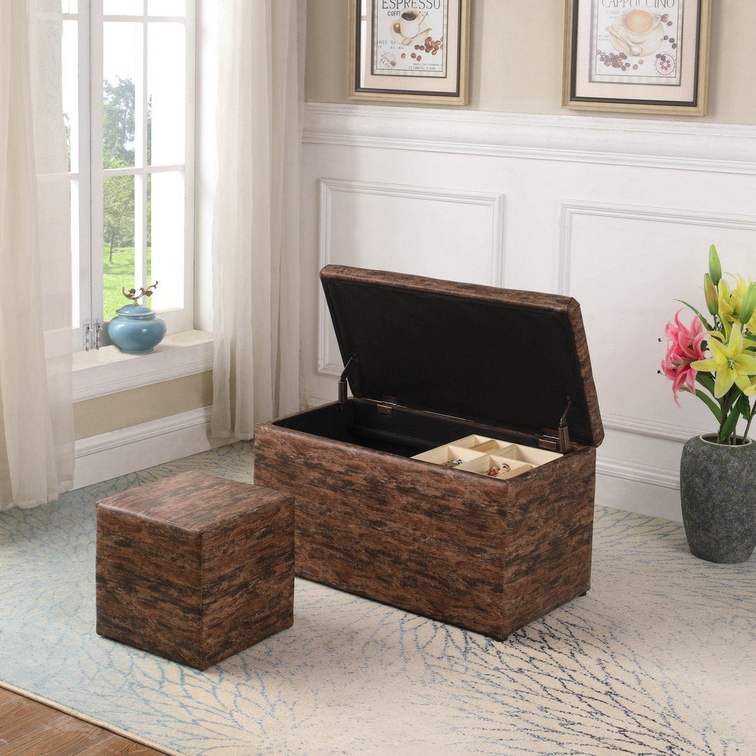 18" Tall Leatherette Storage Ottoman with Seat and Tray, Brown Marble Pattern