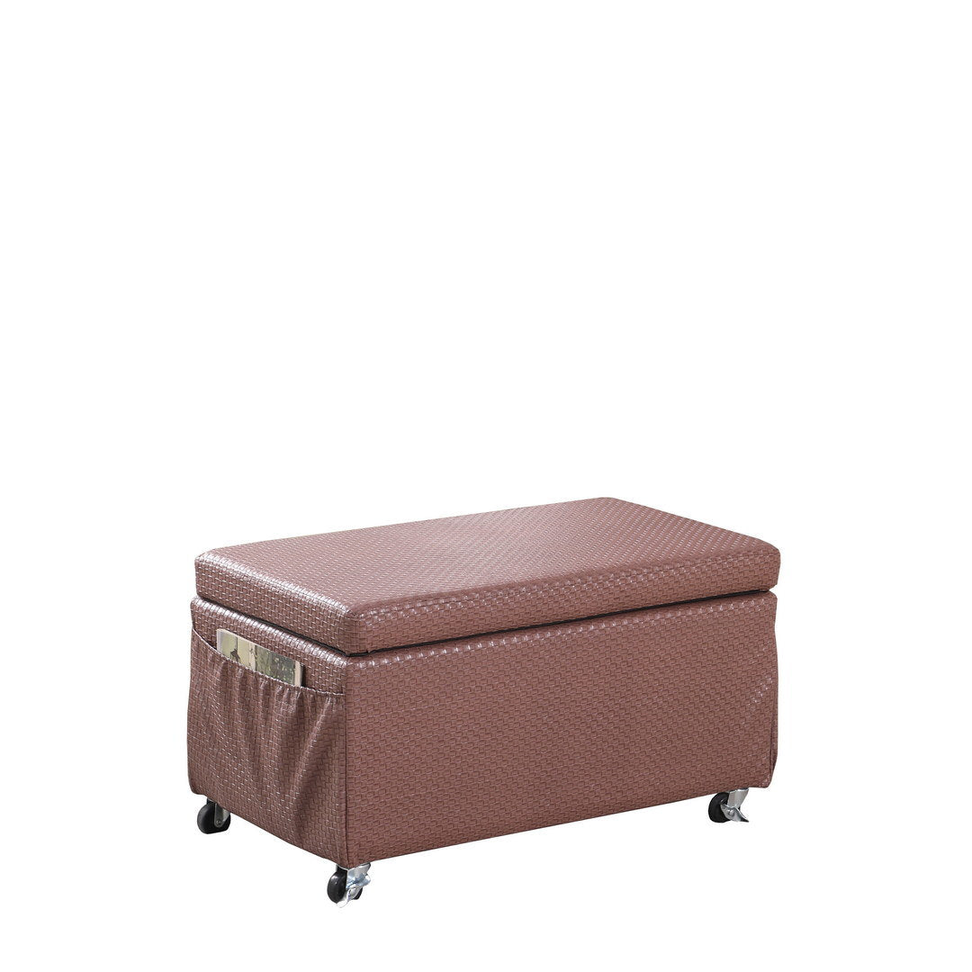 17" Tall Leatherette Storage Ottoman with Wheels and Pockets, Auburn Brown