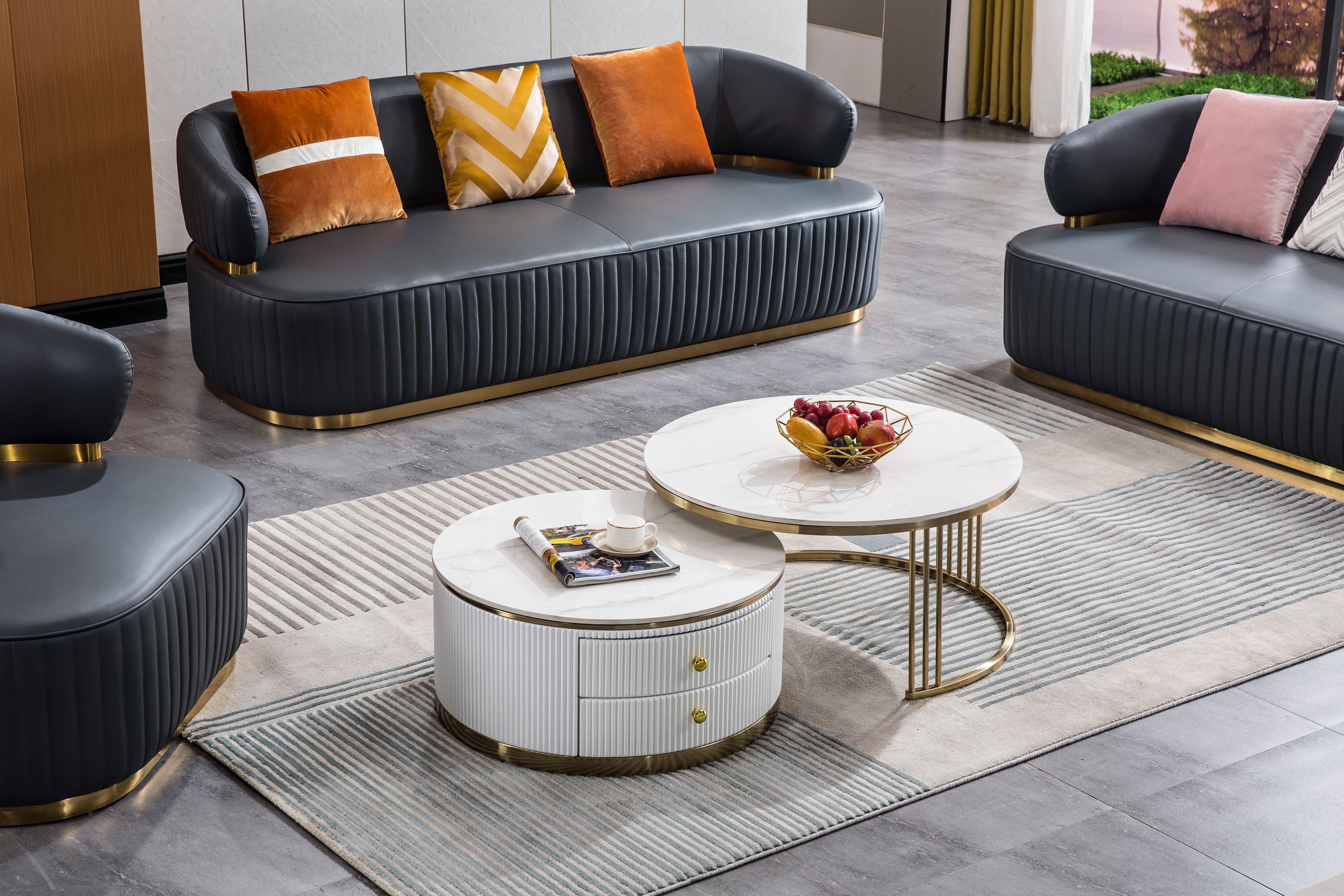 Modern Nesting MDF Coffee Table Set of 2, Round White End Table, Sintered Stone Appearance with Gold Finish Metal Base