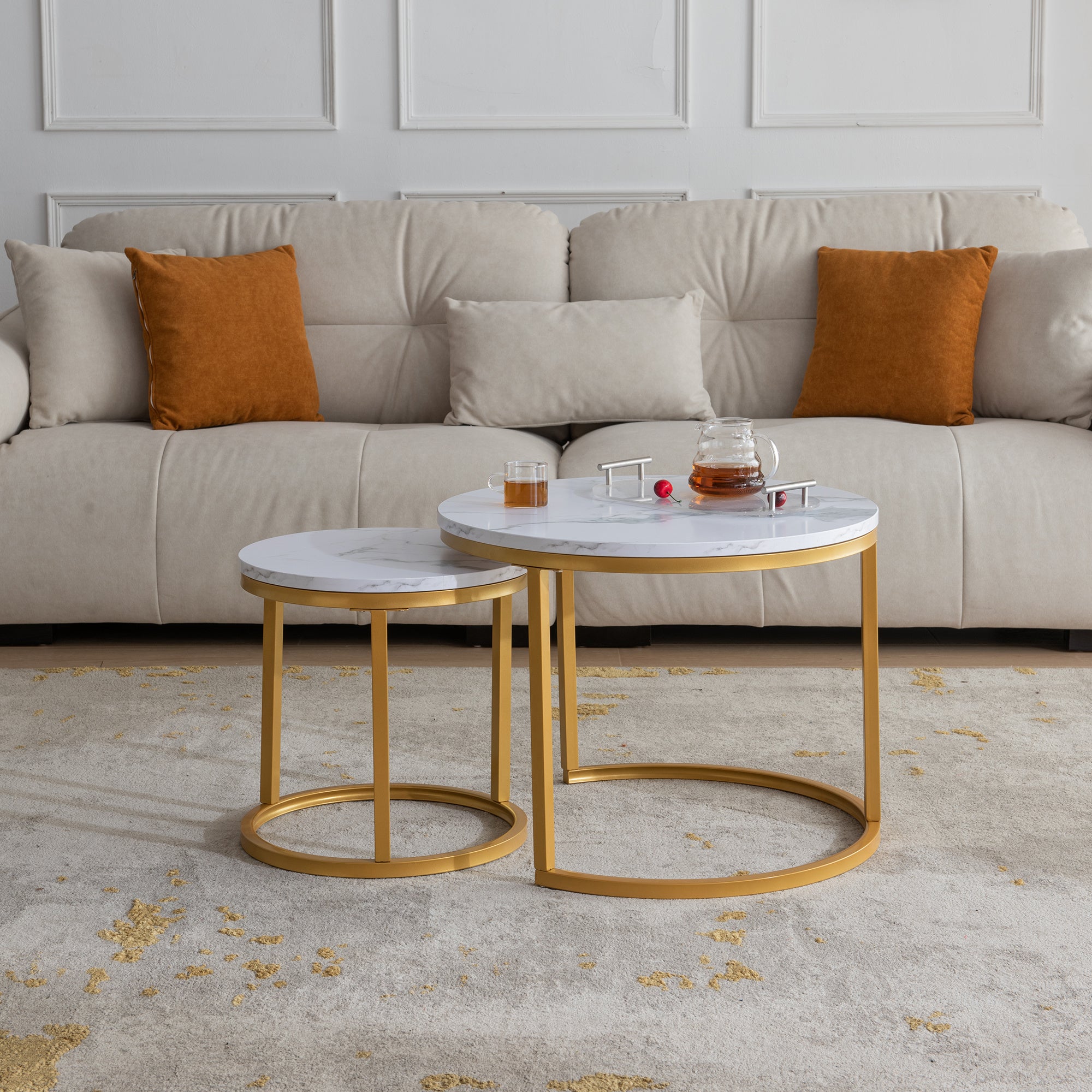 Modern Nesting coffee table,golden metal frame with marble color top-23.6"