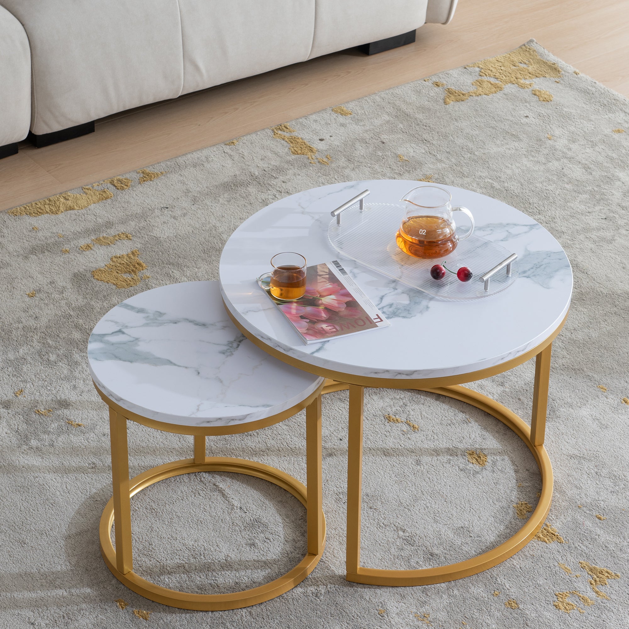 Modern Nesting coffee table,golden metal frame with marble color top-23.6"