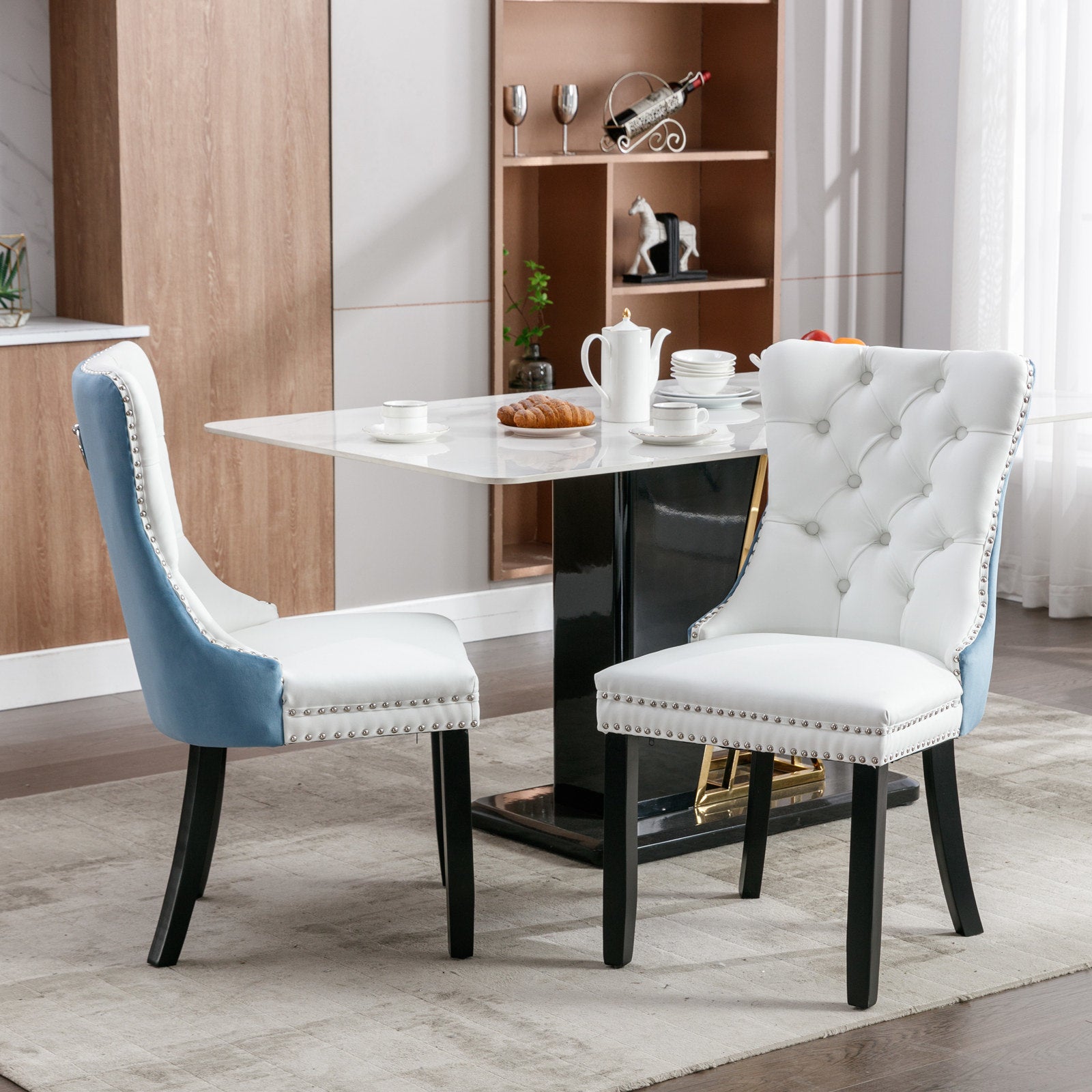 A&A Furniture,Nikki Collection Modern, High-end Tufted Solid Wood Contemporary PU and Velvet Upholstered Dining Chair with Wood Legs Nailhead Trim 2-Pcs Set, White+Light Blue, SW2101WL