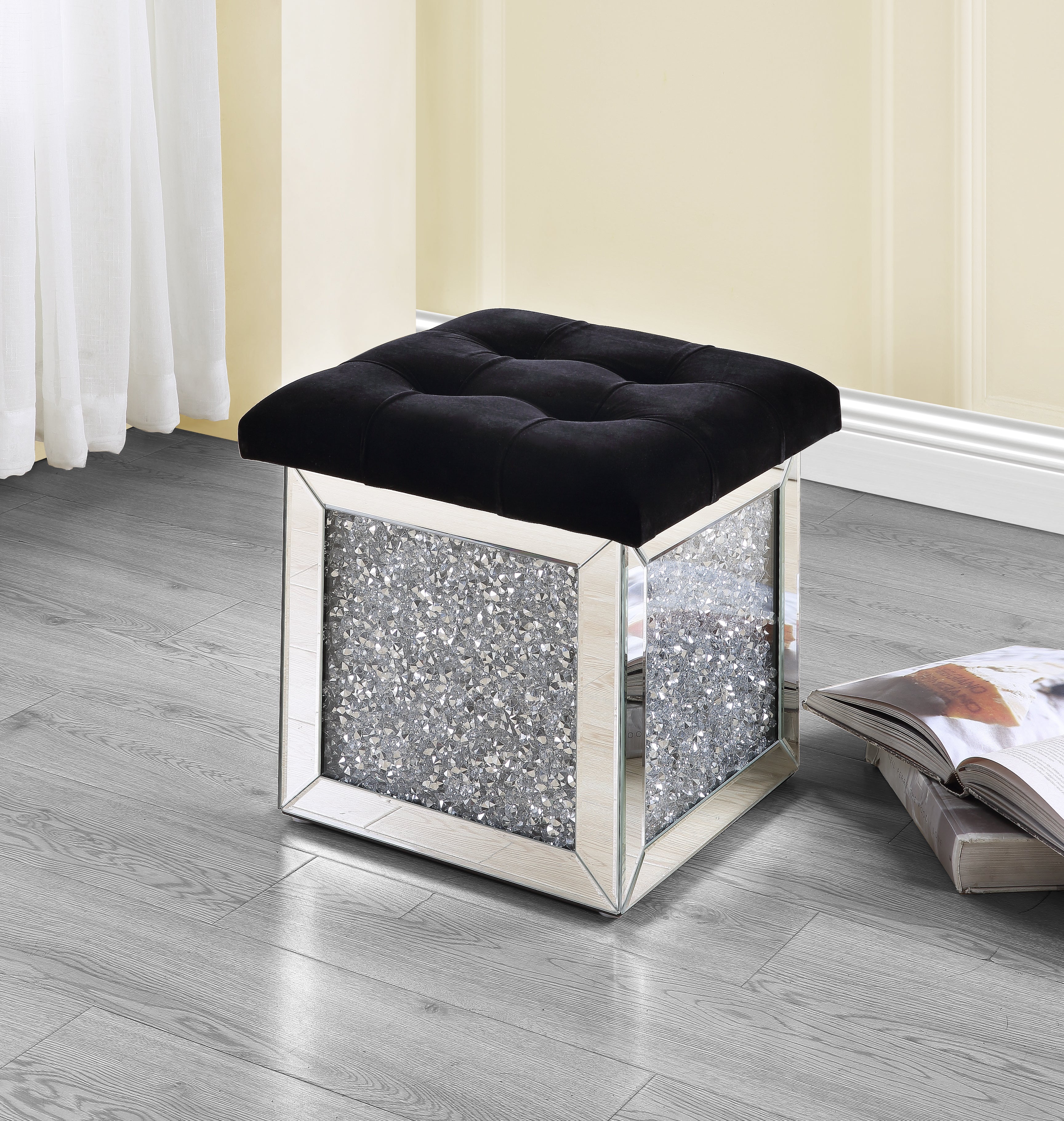 ACME Noralie OTTOMAN W/STORAGE Mirrored & Faux Diamonds AC00530