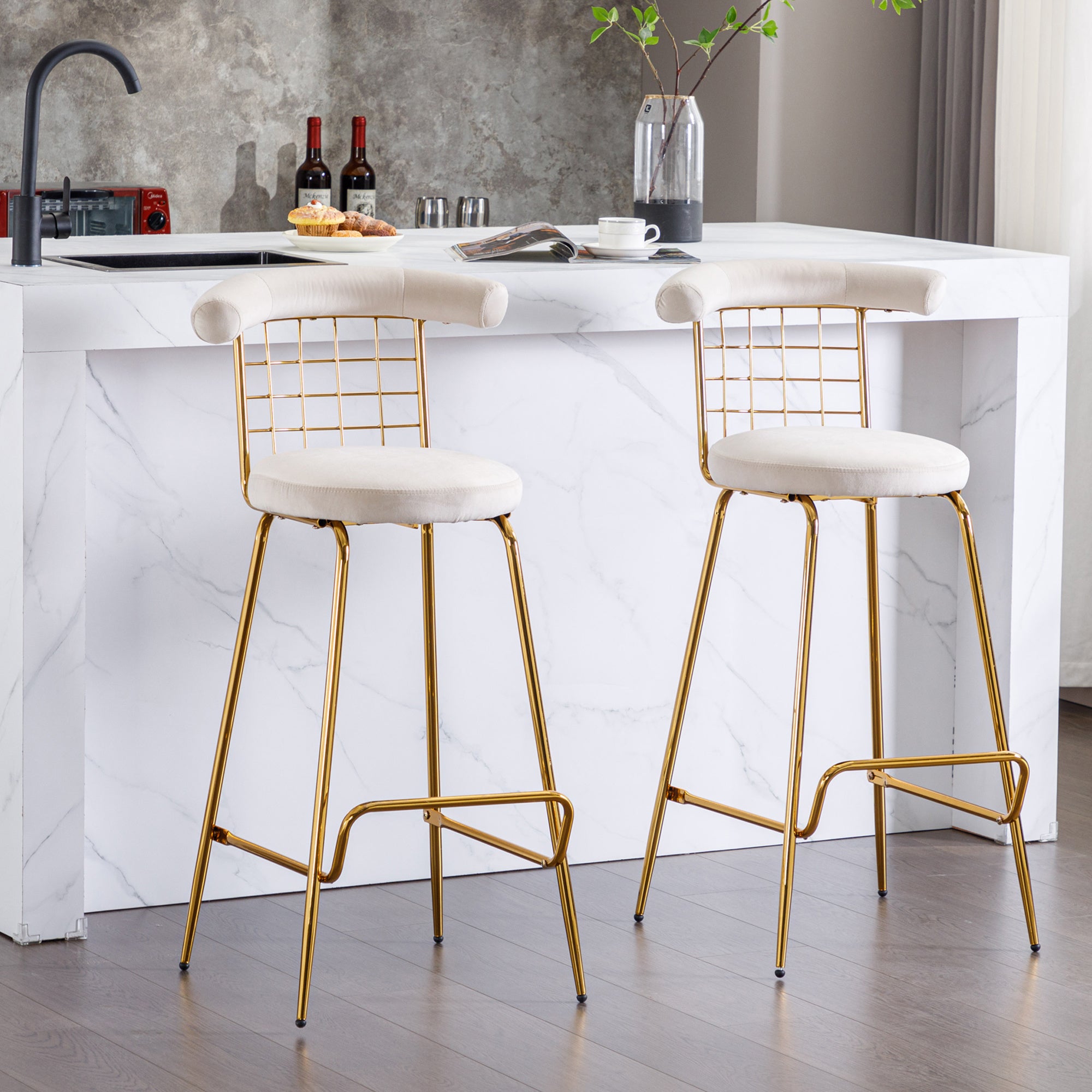 Bar Stool Set of 2, Luxury Velvet High Bar Stool with Metal Legs and Soft Back, Pub Stool Chairs Armless Modern Kitchen High Dining Chairs with Metal Legs, Beige