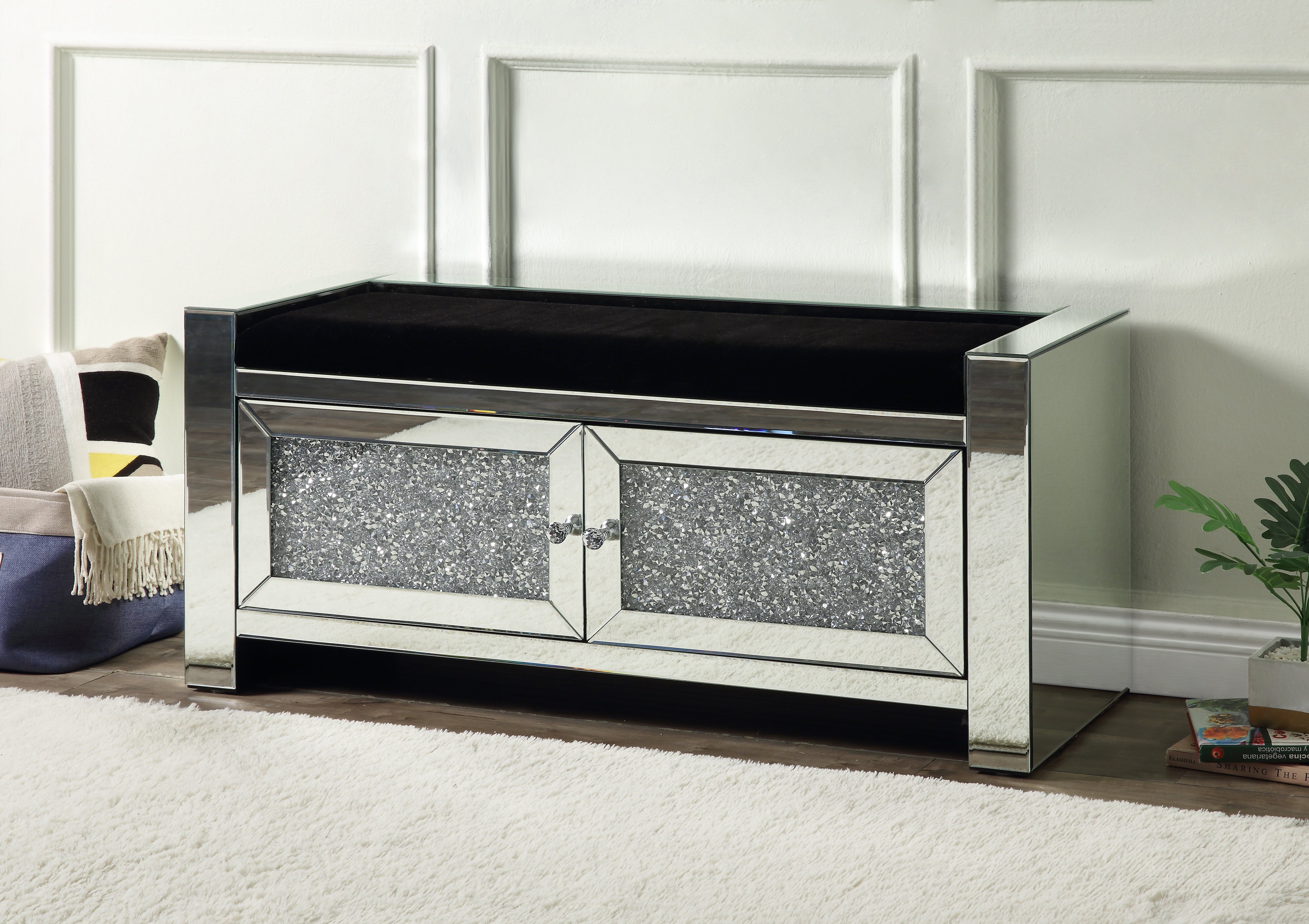 ACME Noralie BENCH W/STORAGE Mirrored & Faux Diamonds AC00540