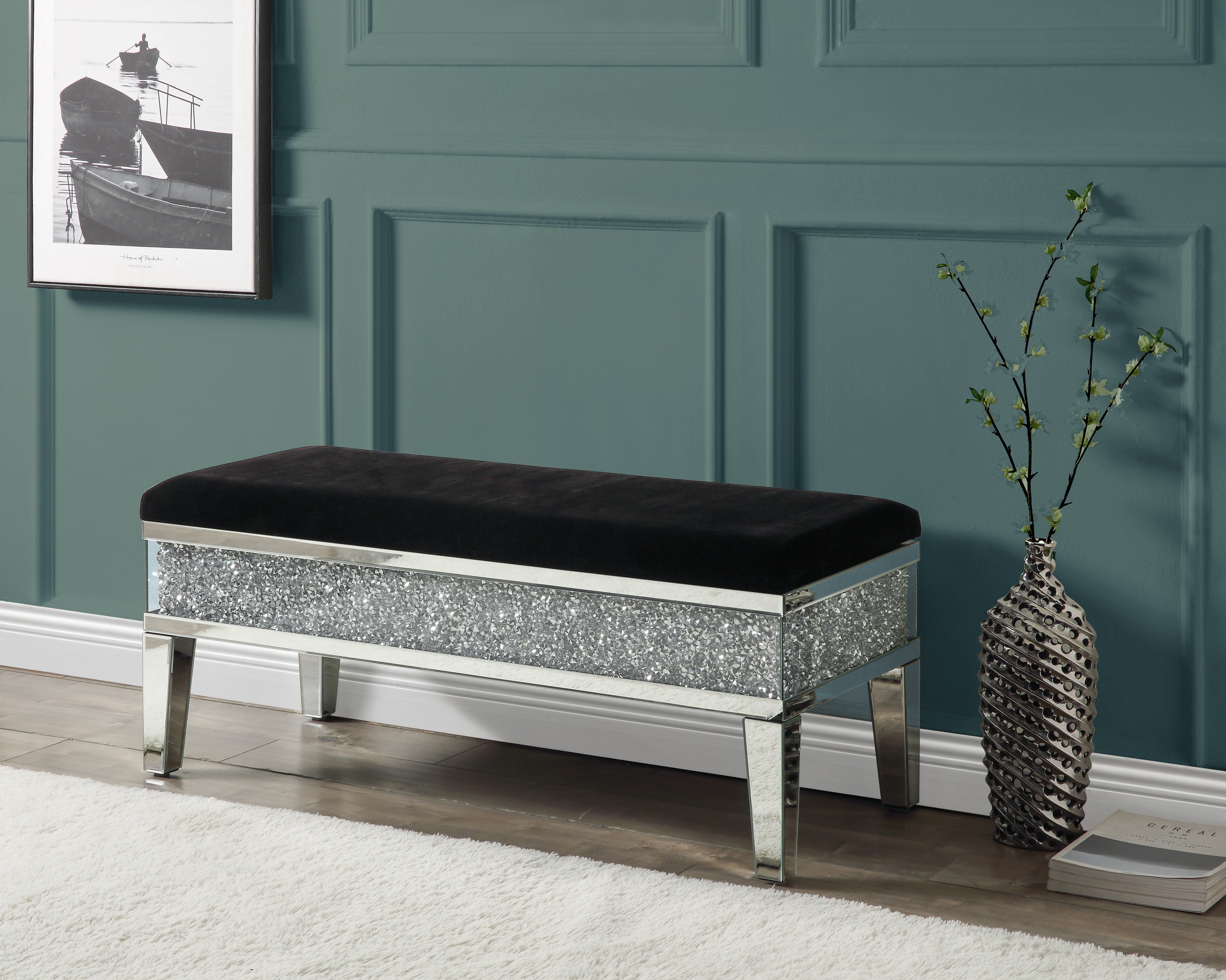 ACME Noralie BENCH W/STORAGE Mirrored & Faux Diamonds AC00535