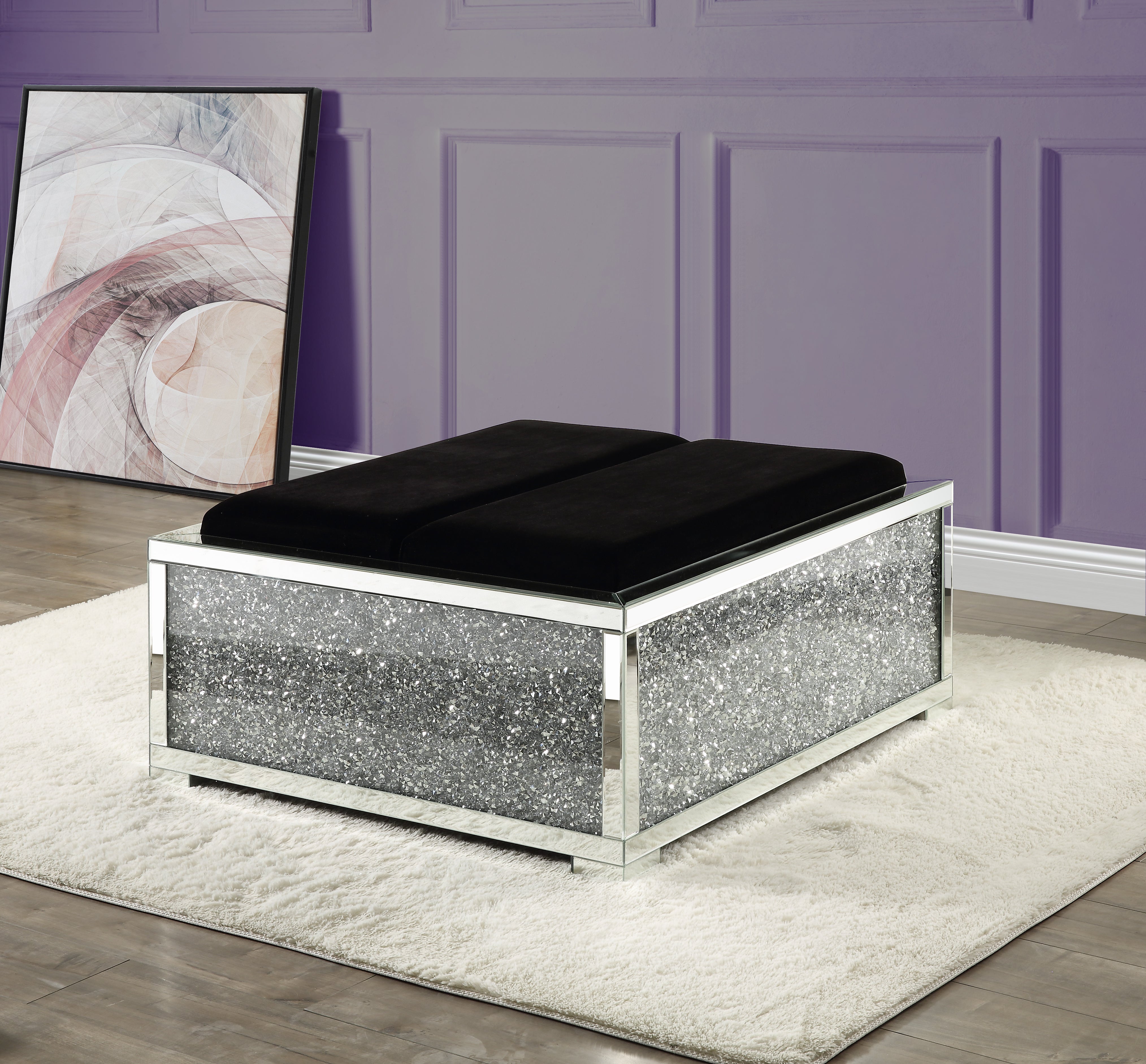 ACME Noralie OTTOMAN W/STORAGE Mirrored & Faux Diamonds AC00531