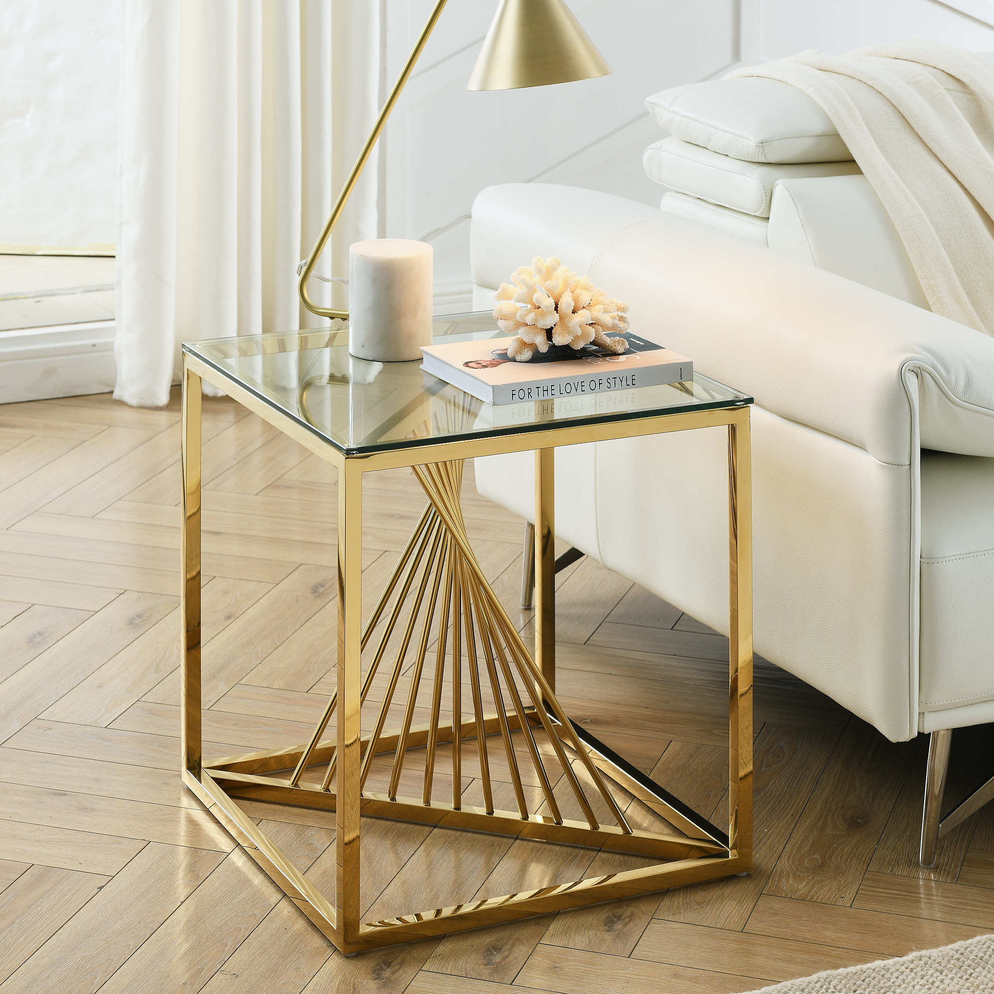 20 Inch Modern Glass End Table with Geometric Metal Frame, Accent Table Nightstand Furniture Corner Table for Living Room,Home Office,Bedroom - Gold