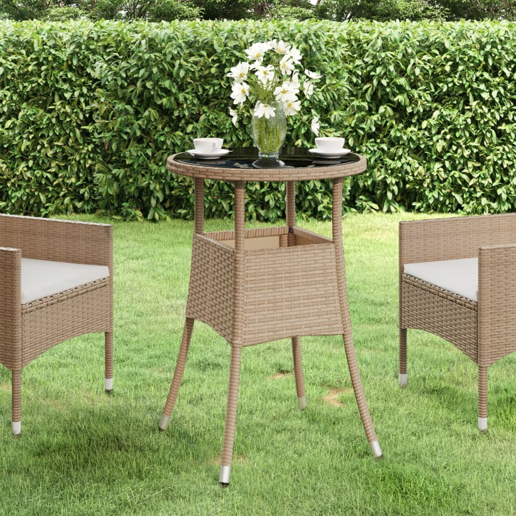 Patio Table Ø23.6"x29.5" Tempered Glass and Poly Rattan Beige