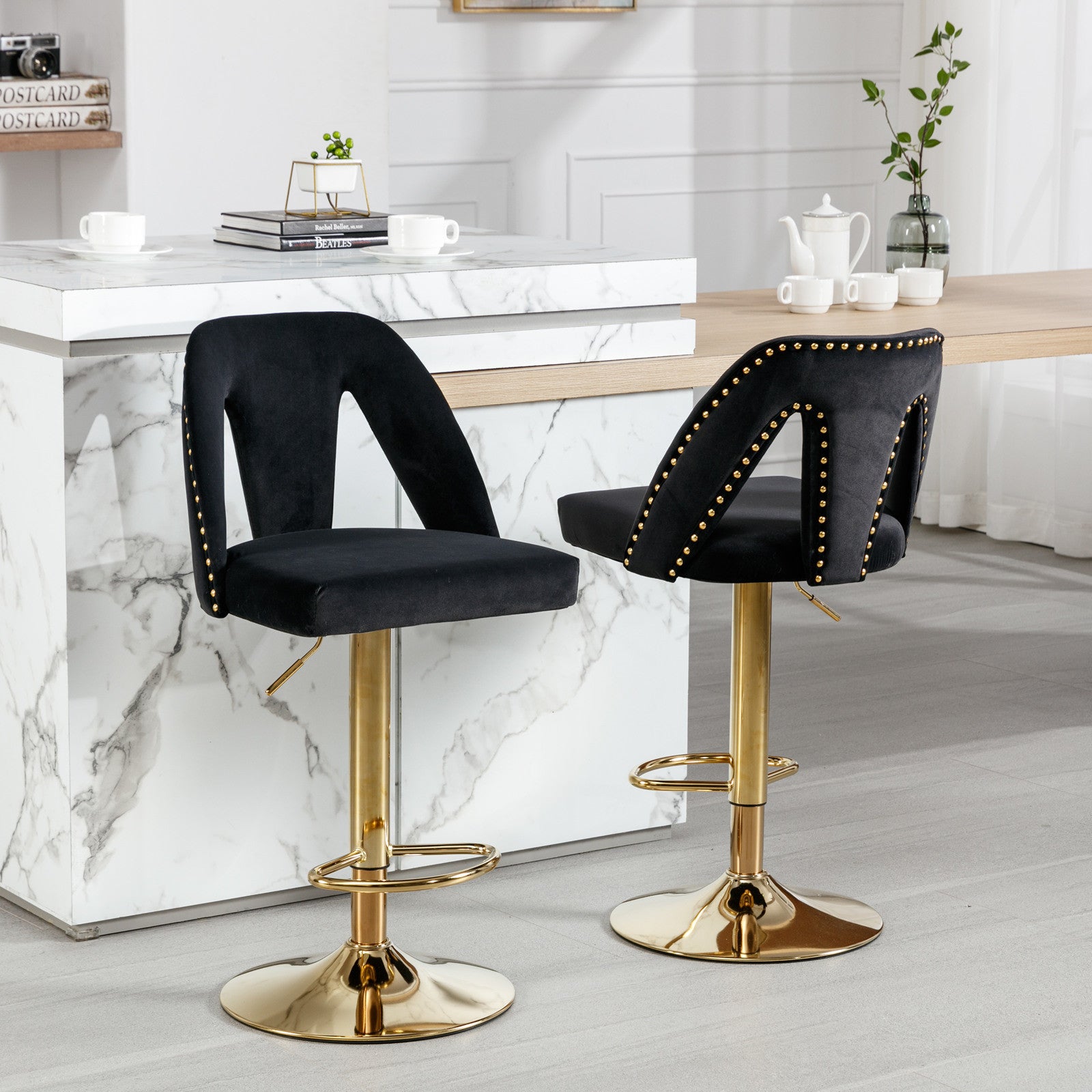 Golden Swivel Velvet Barstools Adjusatble Seat Height from 25-33 Inch, Modern Upholstered Bar Stool & Counter Stools with Nailheads for Home Pub and Kitchen Island,Set of 2, Black