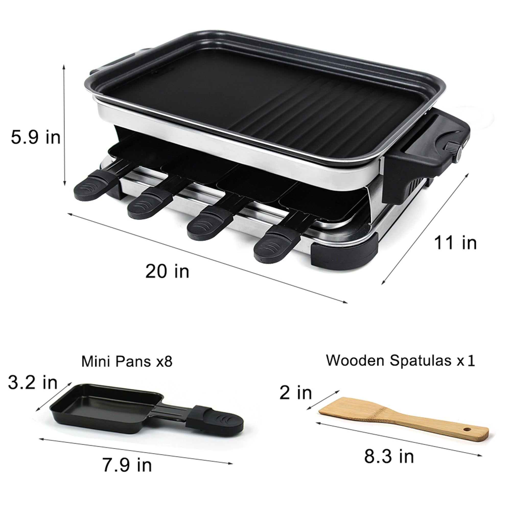 Raclette Grill 8-person baking non stick coating, tray with 8 mini baking trays Raclette, stepless temperature control, 1300W