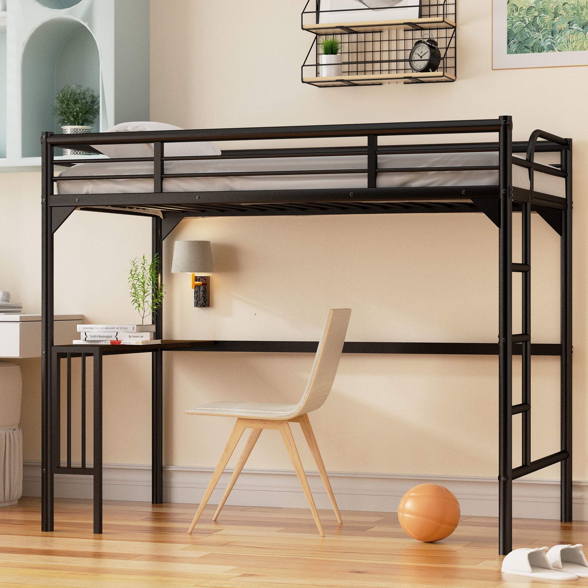 Twin Metal Loft Bed with Desk, Ladder and Guardrails,bookdesk under bed , Black