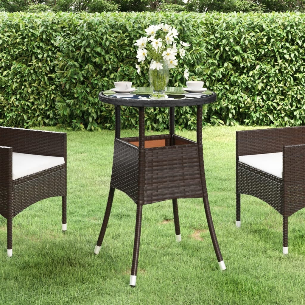 Patio Table Ø23.6"x29.5" Tempered Glass and Poly Rattan Brown