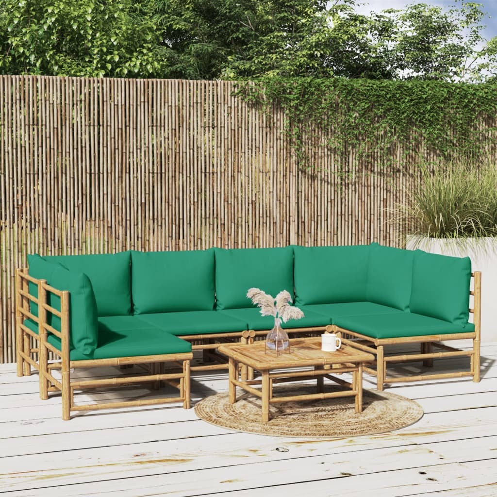 7 Piece Patio Lounge Set with Green Cushions Bamboo