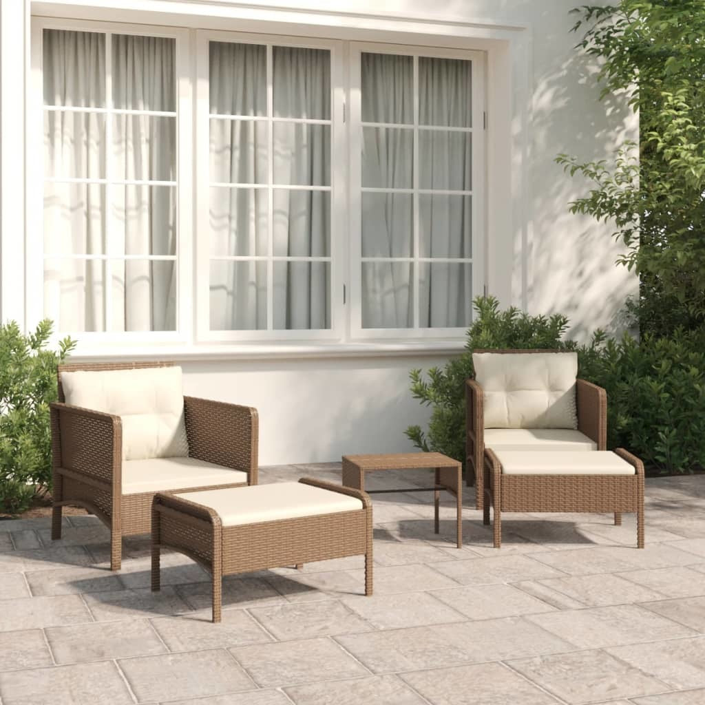 5 Piece Patio Lounge Set with Cushions Brown Poly Rattan