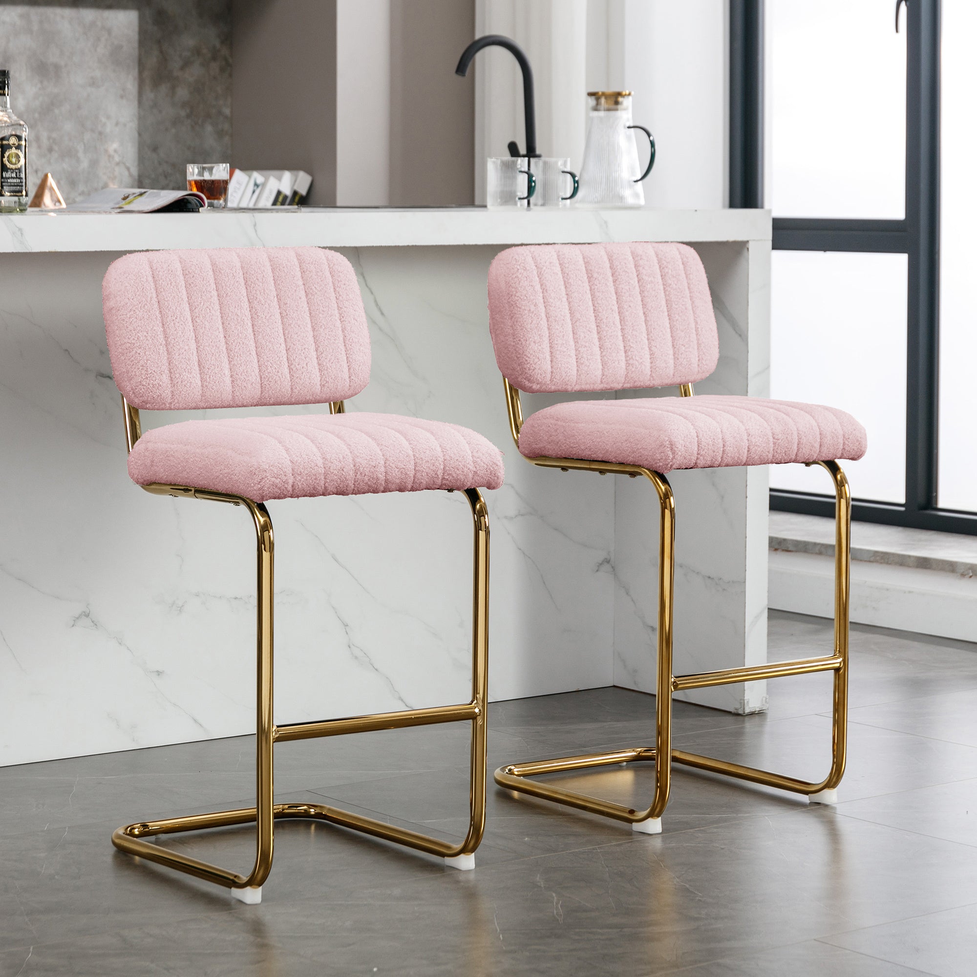 Mid-Century Modern Counter Height Bar Stools for Kitchen Set of 2, Armless Bar Chairs with Gold Metal Chrome Base for Dining Room, Upholstered Boucle Fabric Counter Stools, Pink