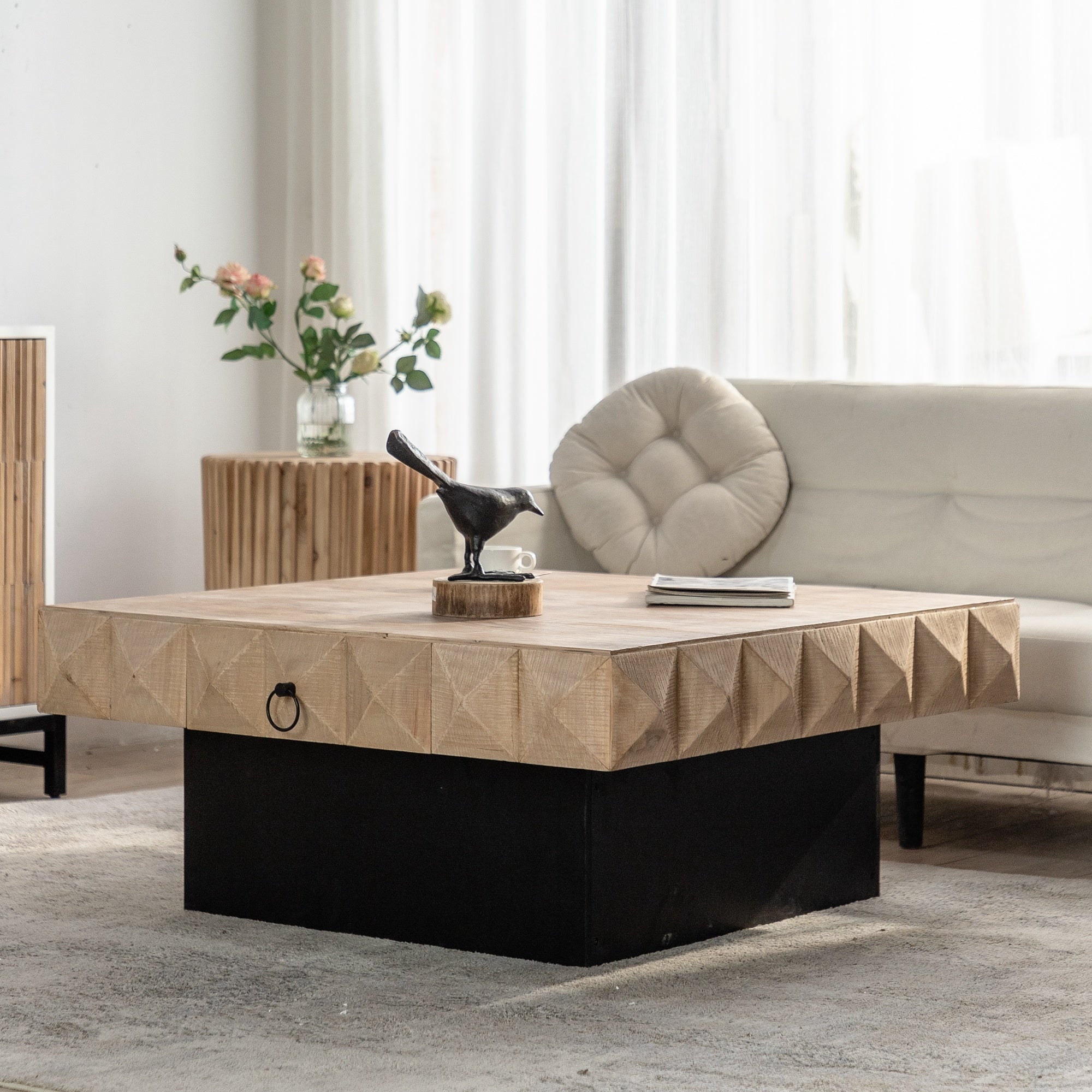 41.33"Three-dimensional Embossed Pattern Square Retro Coffee Table with 2 Drawers and MDF Base(Old SKU: W75770651)